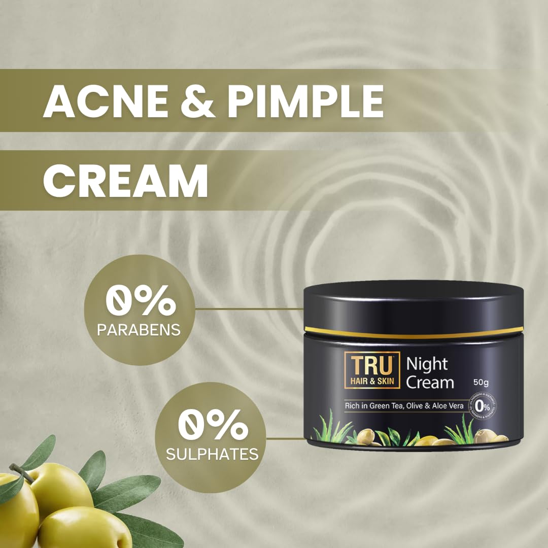 TRU HAIR & SKIN Green Tea & Niacinamide Night Cream for Acne Prone Skin - 50g | Fades Acne & Dark Spots | Hydrating Anti-Aging Face Moisturizer | Perfect for Nighttime Skincare Routine