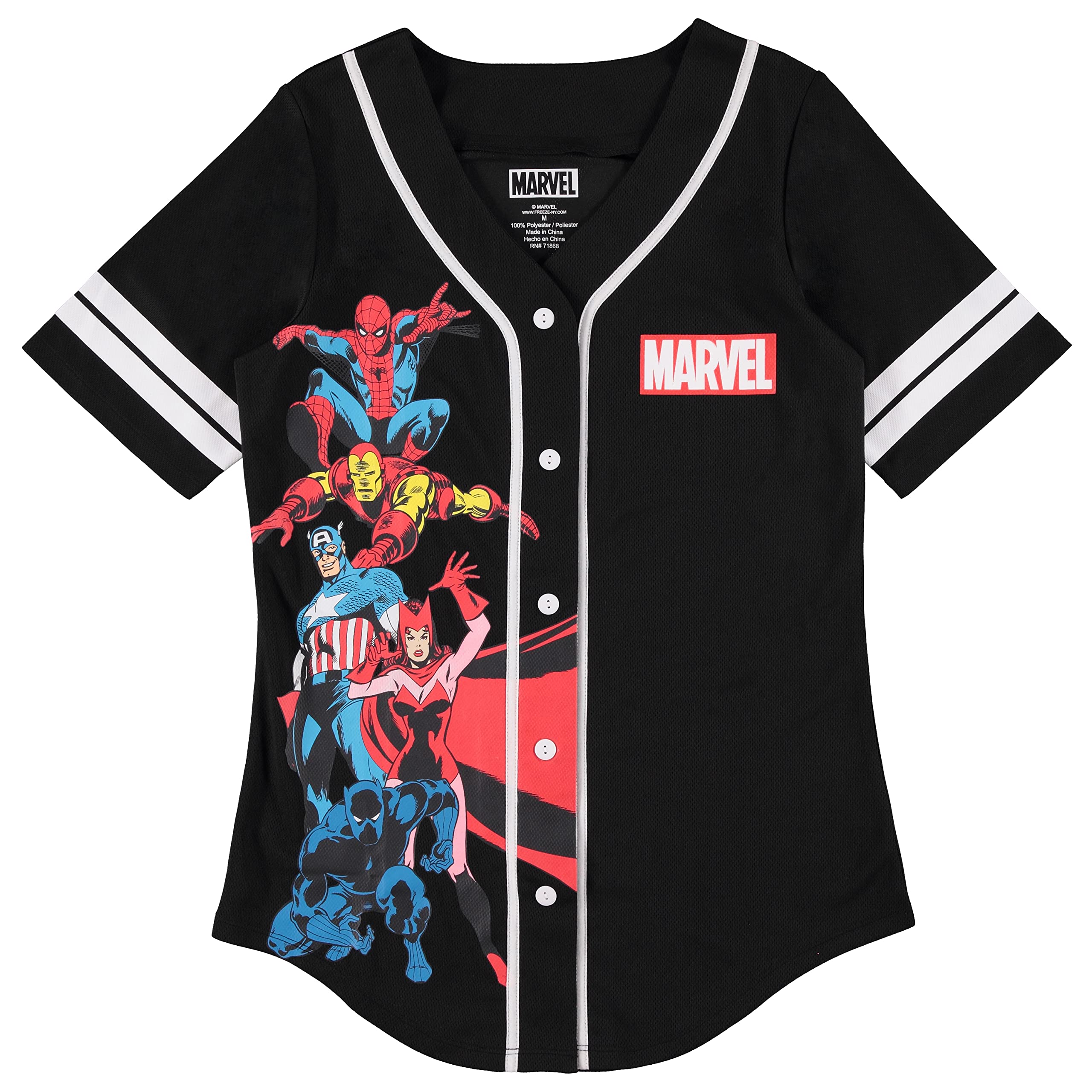 Marvel Superhero Women's Baseball Jersey - Spiderman, Ironman, Captain America & Hulk Graphic Mesh Button-Down Shirt | Cosplay, Comic Con, Game Day & Casual Wear