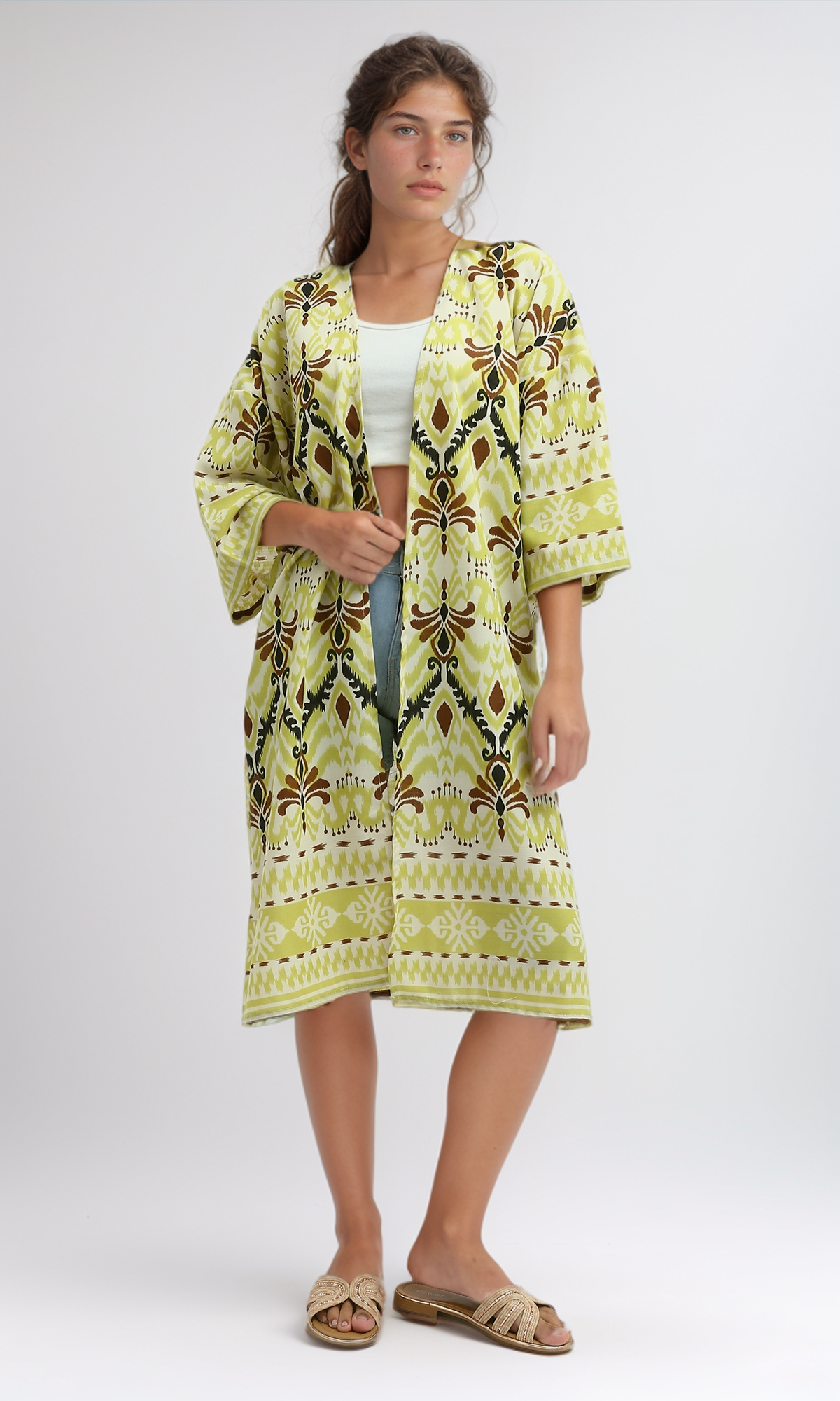 Neon Green & White Cotton Slip-On Kimono Robe - Lightweight Loungewear for Women, Spa Bathrobe, Yoga Cover-Up, Beachwear, and Relaxing at Home