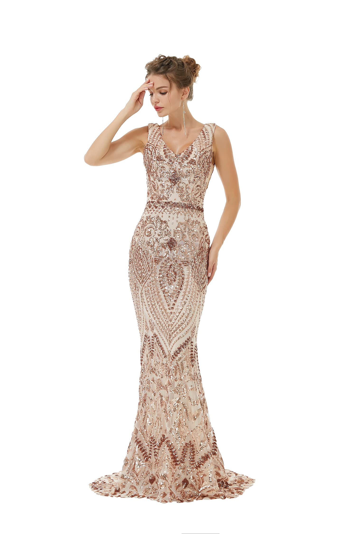 Sparkly Sequin V-Neck Mermaid Evening Dress for Women - Sleeveless Formal Prom Gown, Bridesmaid Dress for Weddings, Parties & Special Occasions