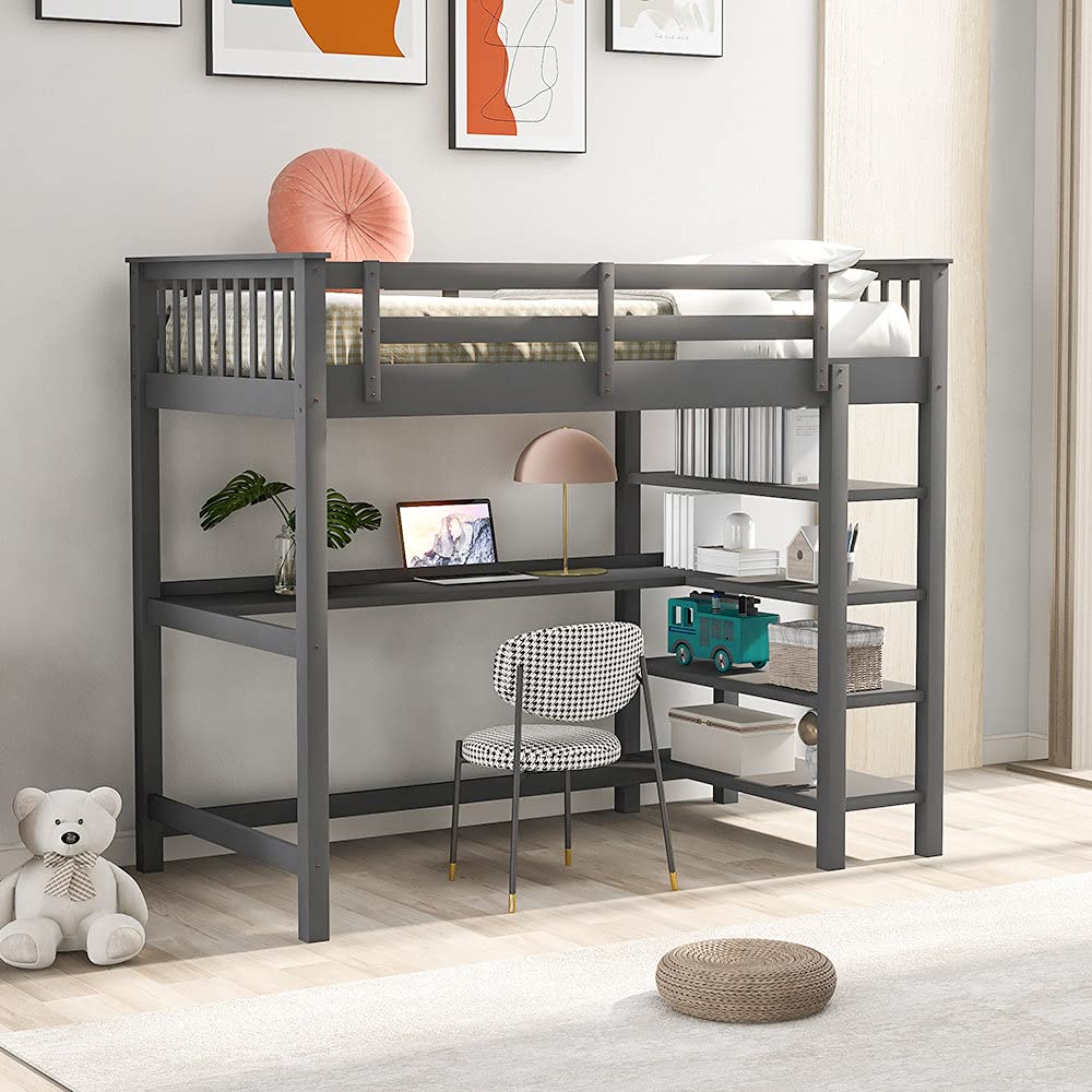 **Wooden Loft Bed with Storage Shelves & Under-Bed Desk - Full-Length Guardrail & Built-in Ladder - Space-Saving Bed for Kids, Teens & Adults (Gray) - Perfect for Small Rooms, Dorms & Apartments**