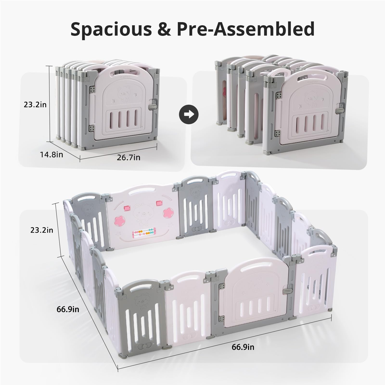 UANLAUO 18 Panel Foldable Baby Playpen - Adjustable Play Yard for Toddlers & Kids, Easy to Assemble Indoor/Outdoor Safety Gate (Grey+White) - Perfect for Playroom, Living Room, Backyard & Park