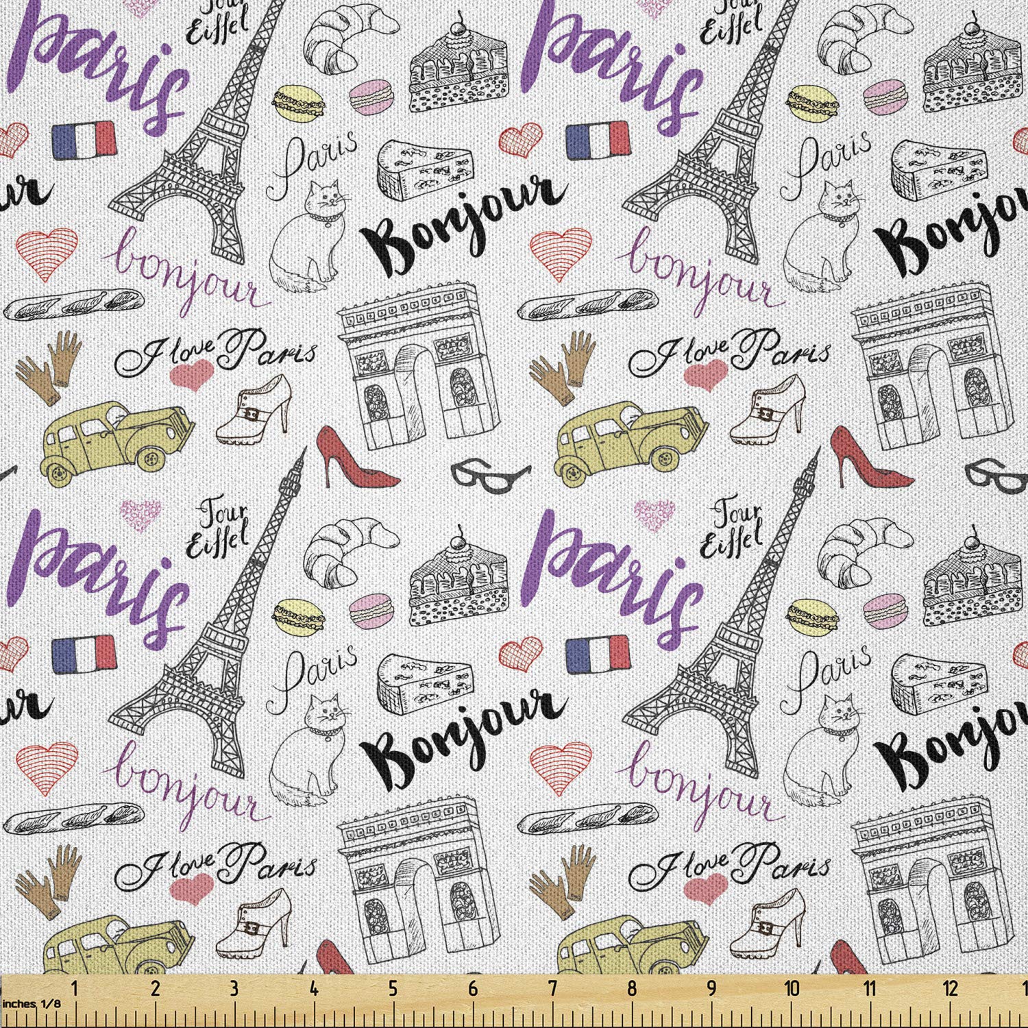 Ambesonne Paris Fabric by The Yard - City of Paris Love, Cheese, Pie & Cat Design - Premium Microfiber Arts & Crafts Textile for DIY Decor, Upholstery & Sewing Projects (10 Yards, Multicolor) - Perfect for Home Decor, Quilting & Fashion Accessories
