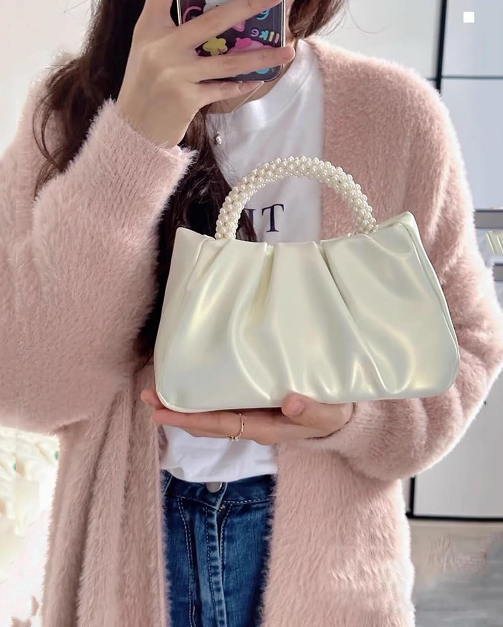 Elegant Pearl Embellished Women's Evening Purse - Soft Leather Ruched Clutch Bag for Wedding, Bridal, Party & Prom - Crossbody Handbag for Special Occasions & Night Out