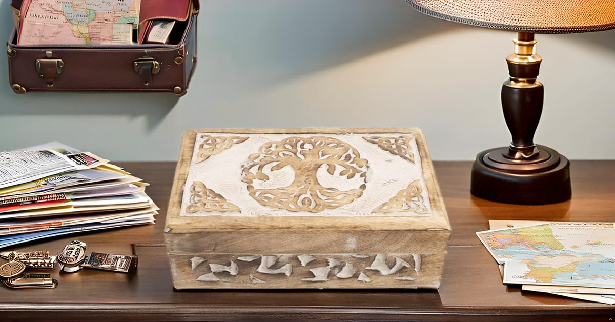 Handmade Wooden Jewelry Box with Tree of Life Carving - Jewelry Organizer, Keepsake Box, Treasure Chest & Watch Storage - Perfect Birthday, Housewarming Gift for Women - Ideal for Home Decor, Jewelry Display & Gift Giving