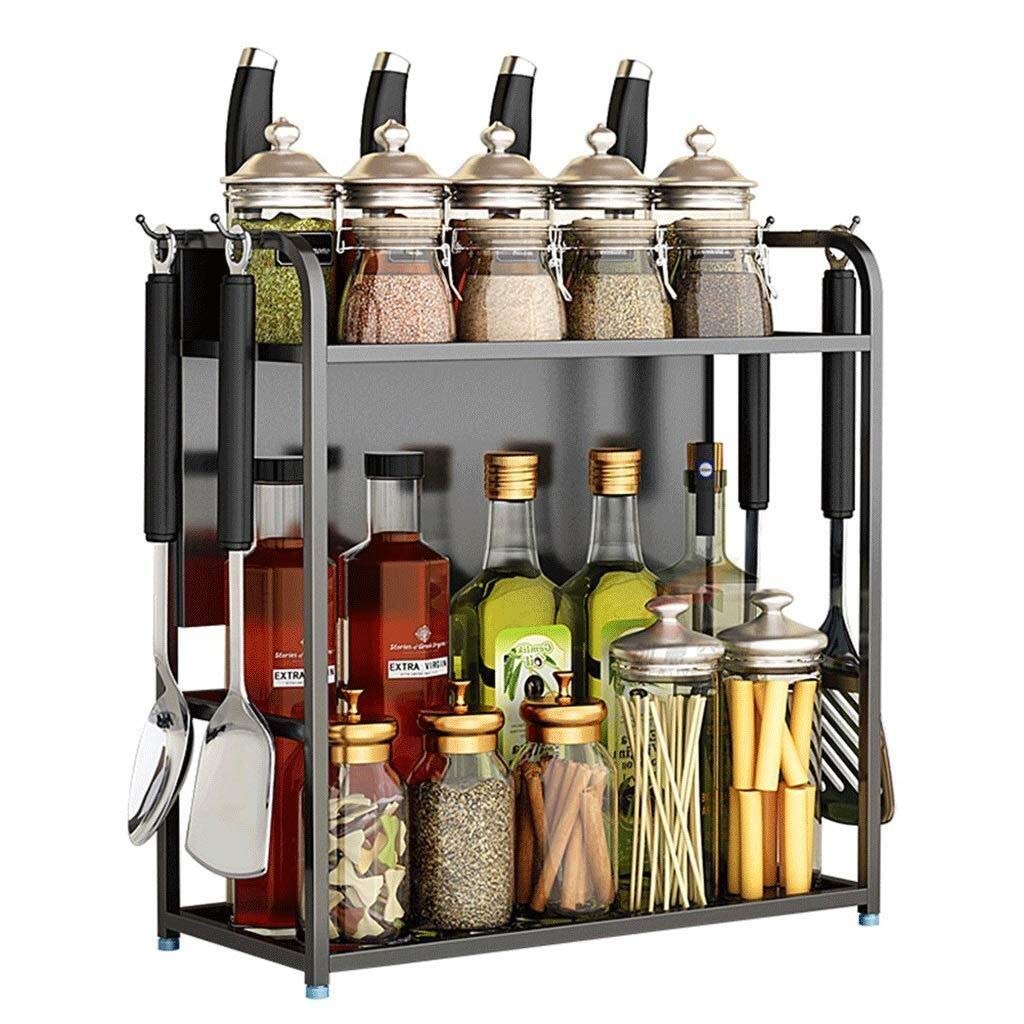 Stainless Steel Spice Rack Organizer - 2-Tier Wall Mount or Floor Standing Kitchen Storage Shelf for Spices, Jars, Cans & Bottles | Space-Saving Solution for Pantry, Countertop or Cabinet Organization | Durable Black Finish for Modern Kitchens