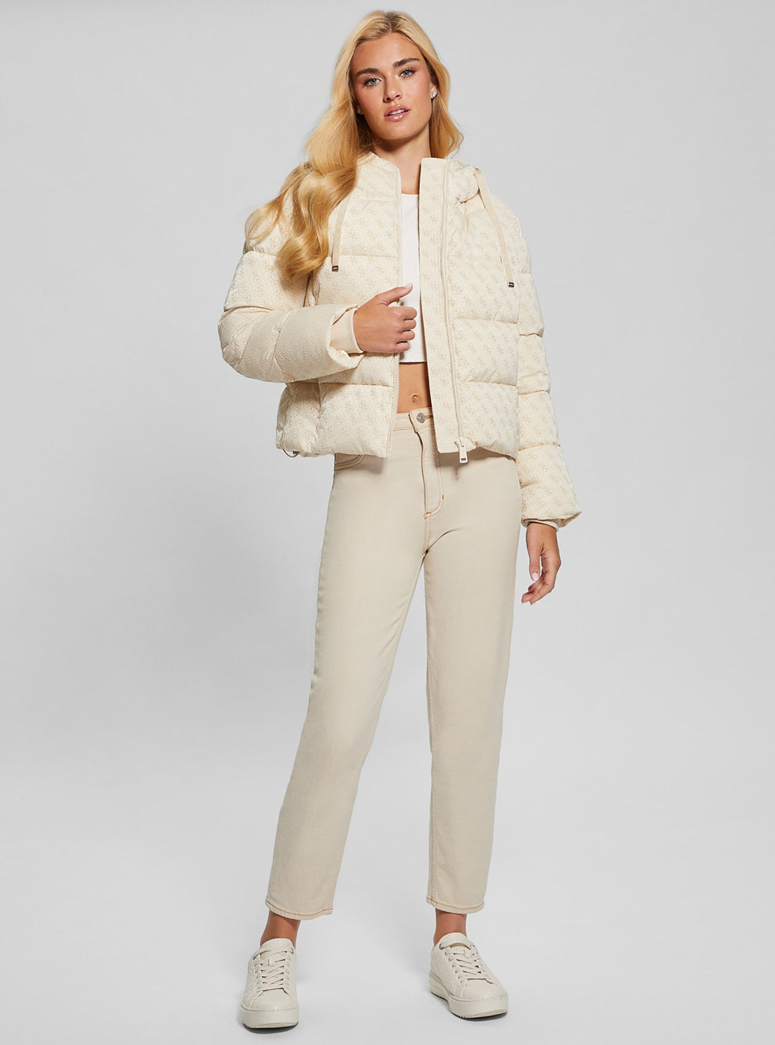 Beige Logo Daisy Puffer Jacket for Women - Lightweight Winter Coat with Floral Design - Perfect for Outdoor Activities & Casual Wear