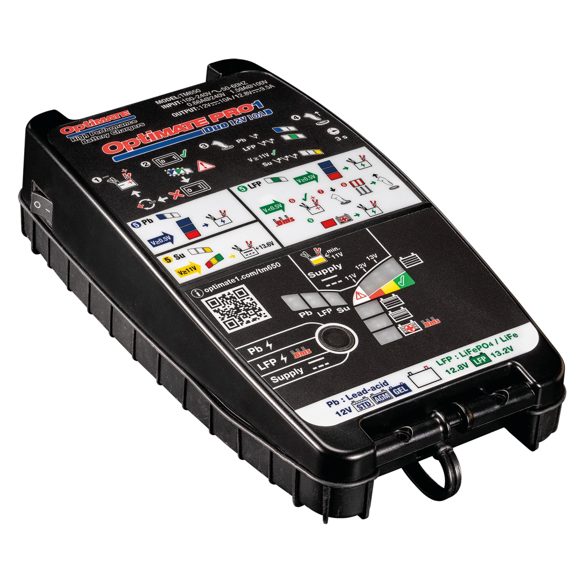 Tecmate OptiMate PRO-1 DUO 11-Step 12V/12.8V High Performance Battery Charger, Tester & Maintainer for Motorcycle, Car, ATV - Black | Ideal for Winter Storage & Long-Term Vehicle Maintenance
