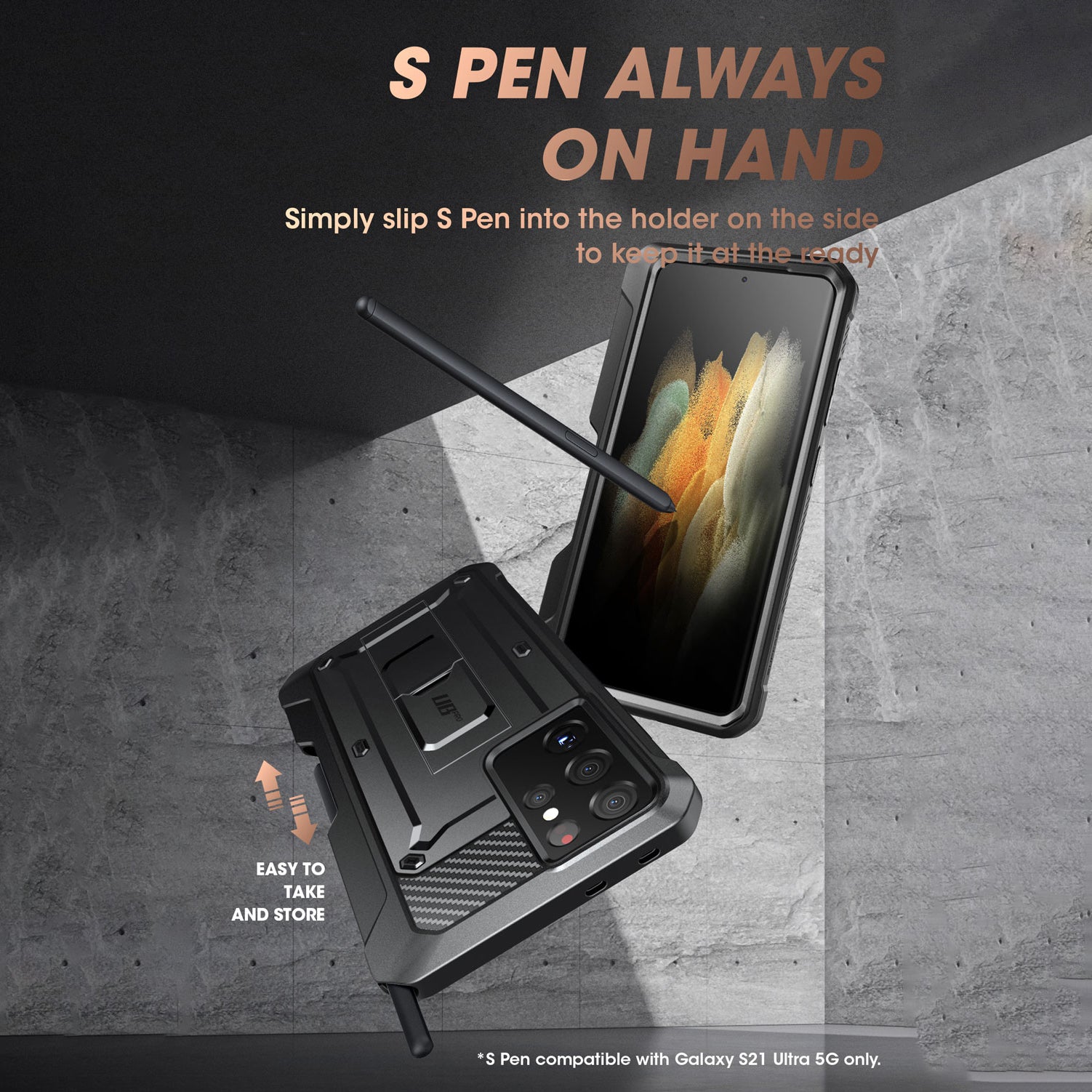 Samsung Galaxy S21 Ultra Unicorn Beetle Pro Rugged Protective Case with Built-in S Pen Holder - Heavy Duty Shockproof Cover for Outdoor Work & Travel - Black