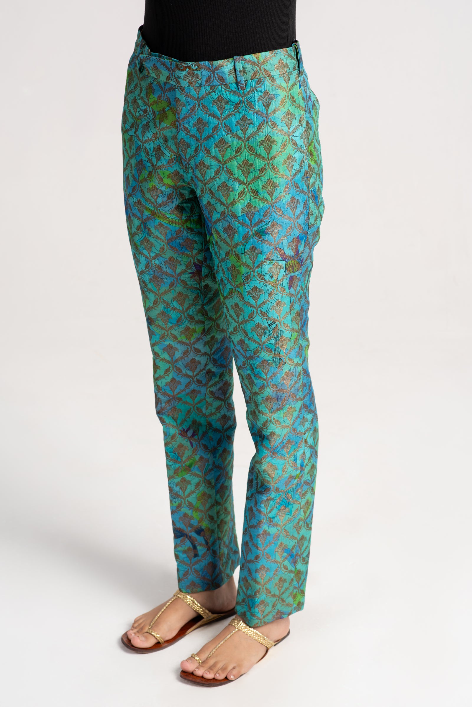 Elegant Boot Cut Trousers in Aqua Silk Brocade - Women's Luxury Dress Pants for Office, Evening & Special Occasions