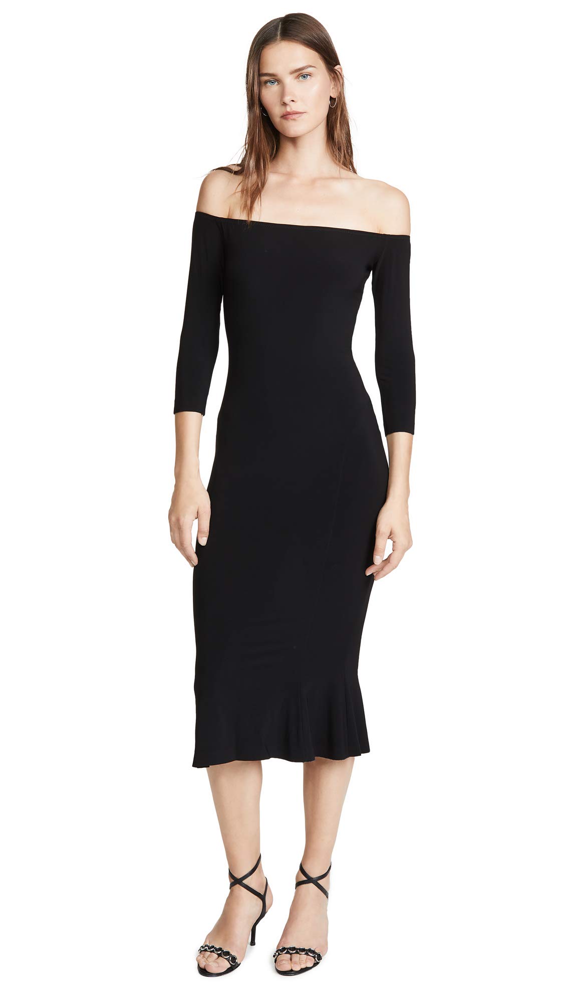 Norma Kamali Women's Off Shoulder Fishtail Midi Dress - Elegant Bodycon Evening Gown for Parties, Weddings & Special Occasions
