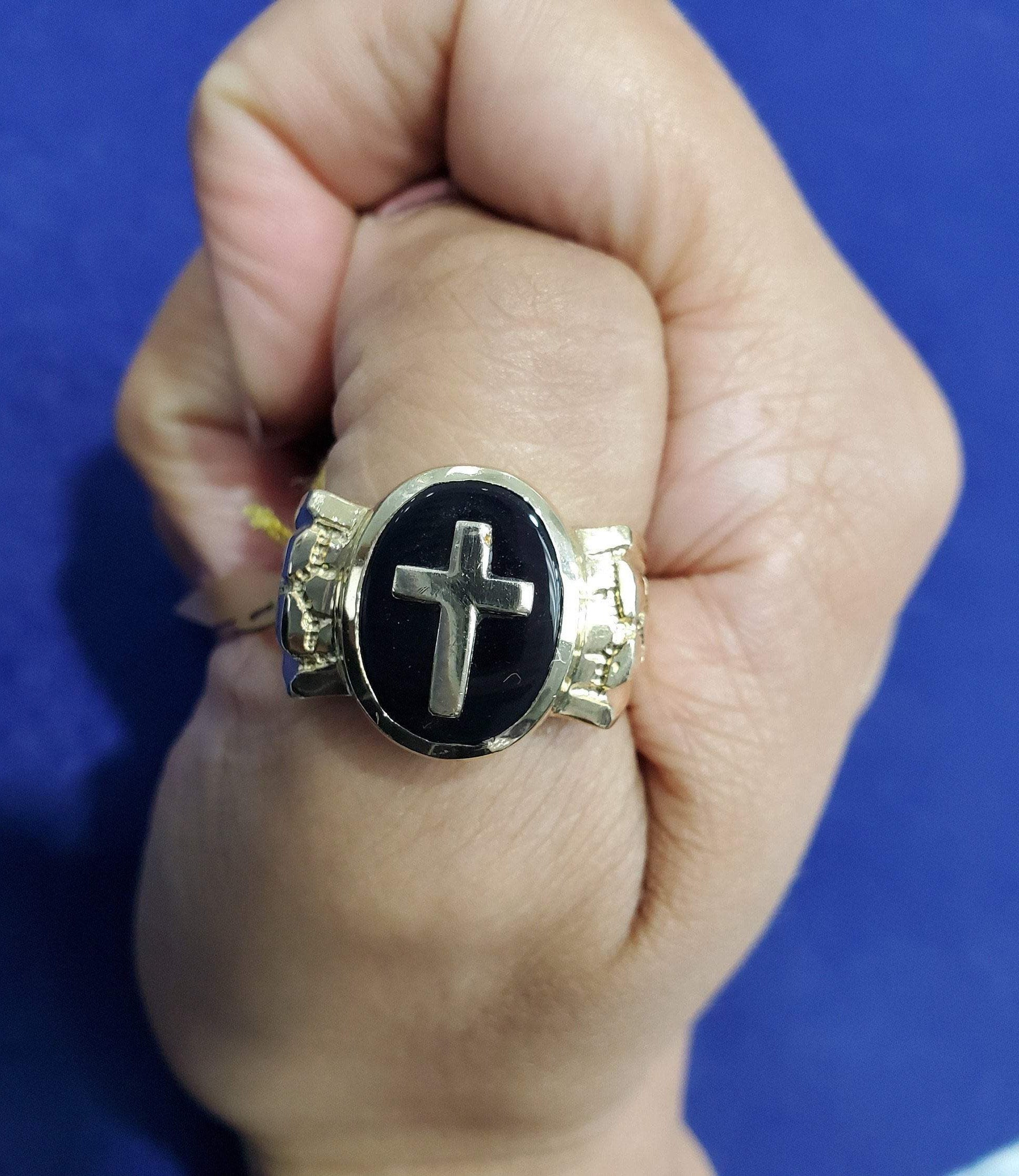 14k Yellow Gold Onyx Cross Ring for Men - Stylish Religious Jewelry Gift for Christmas, Baptism & Everyday Wear