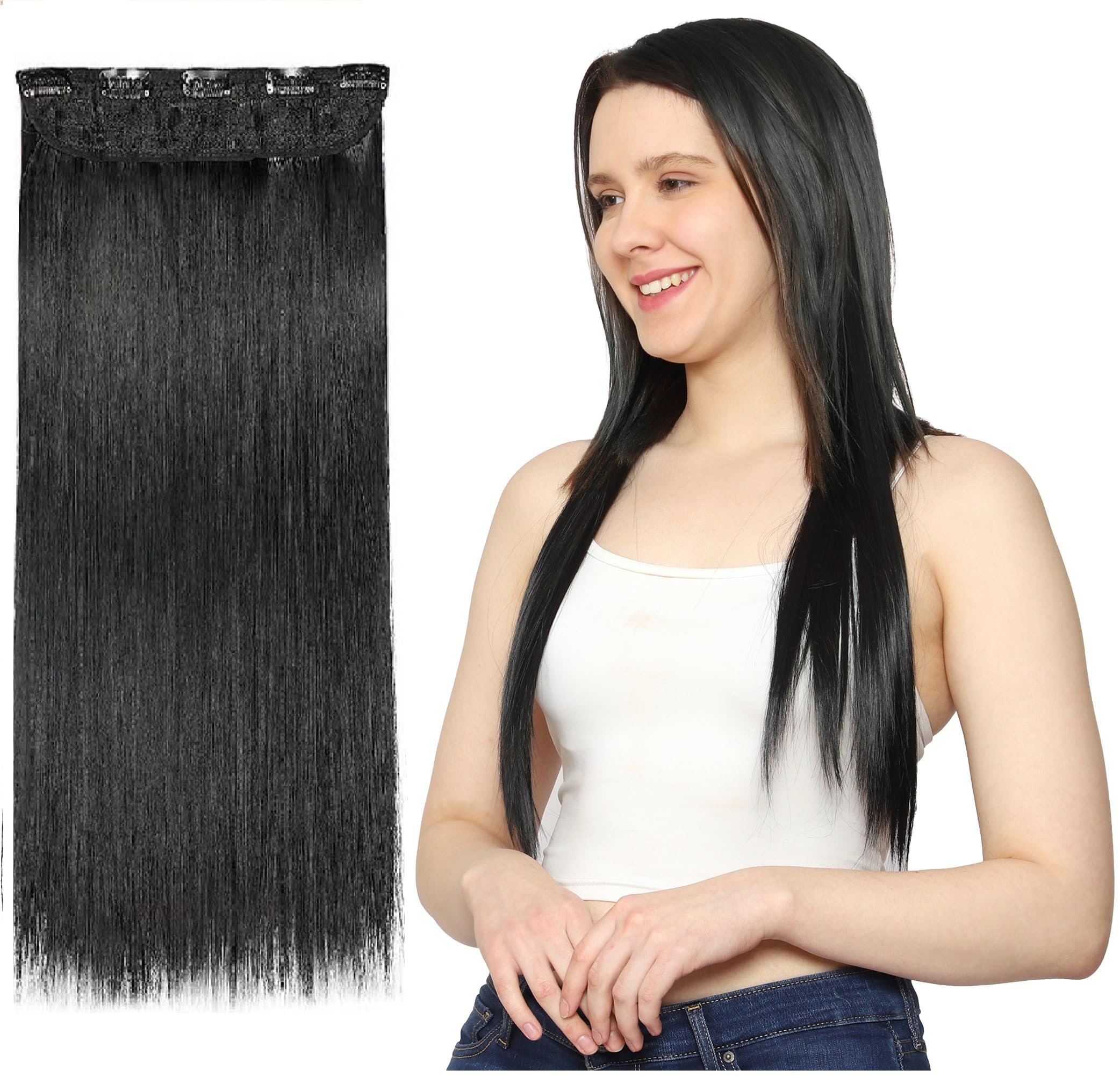 MoonEyes 24 Inch Natural Black Straight Hair Extensions - High Temperature Synthetic Fiber Clip-in Hairpiece (5 Clips) for Women & Girls | Perfect for Daily Styling, Parties & Special Occasions