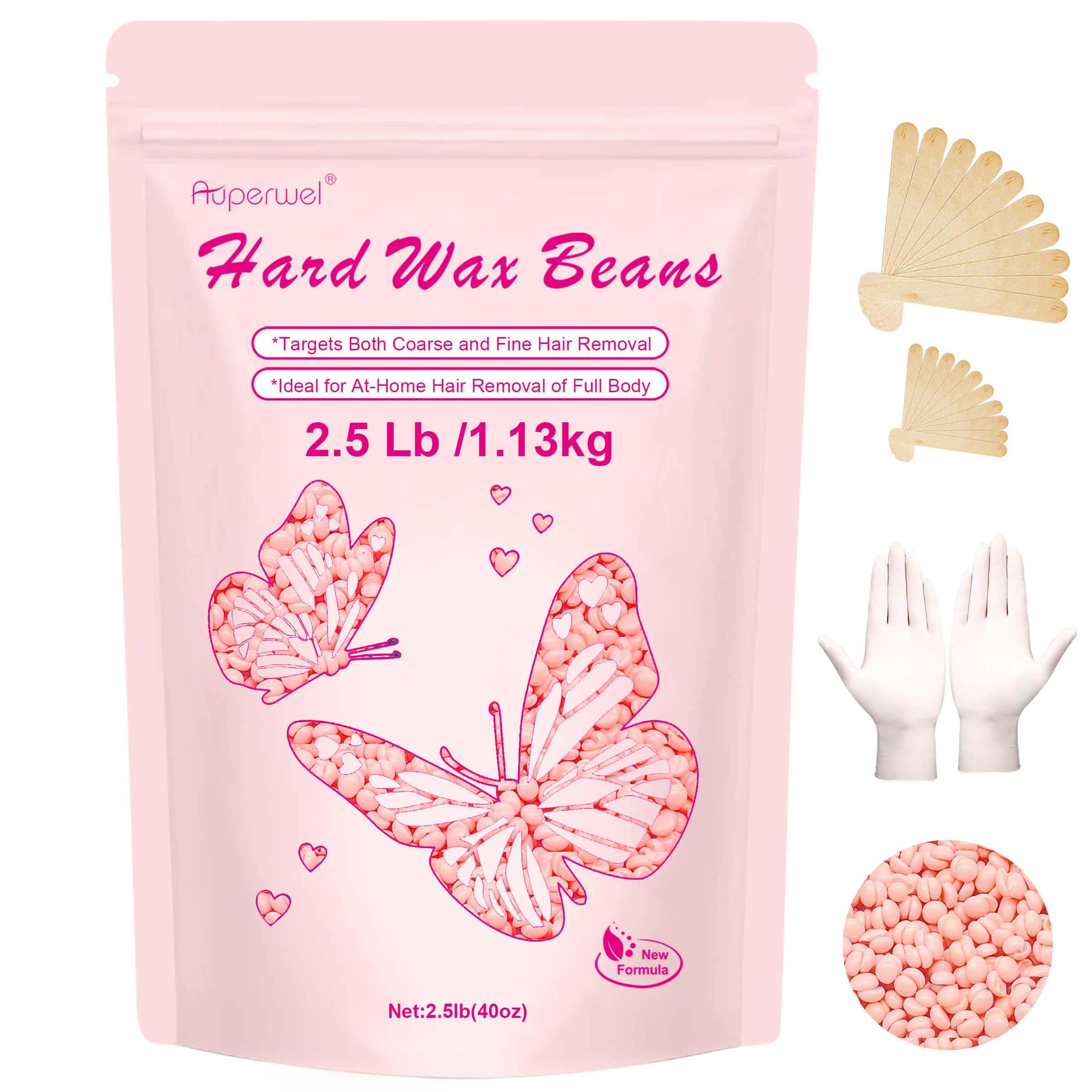 Auperwel 2.5lb Hard Wax Beads for Hair Removal - Sensitive Skin Formula with 20 Applicator Sticks | Brazilian, Bikini, Eyebrow & Body Waxing | Painless Pearl Wax Beads for Professional & Home Wax Warmers Kit (Rose Scented) | Perfect for Salon, Spa & At-Home Hair Removal Treatments