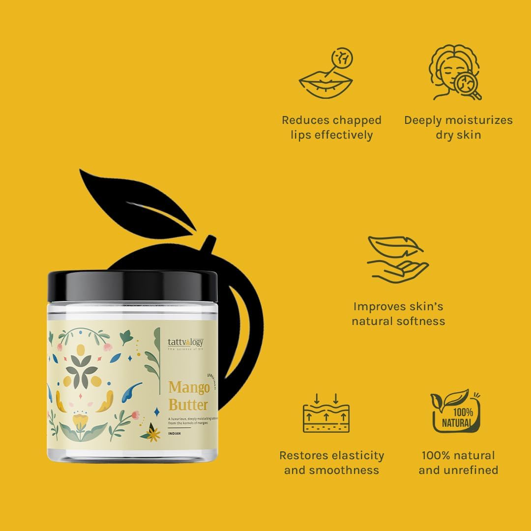 100% Pure Raw Unrefined Mango Butter for Dry Skin - Natural Body Moisturizer, Lip Balm & Skin Nourishment Cream - Plastic Jar 100g | Perfect for DIY Skincare, Hair Care & Body Lotion Making