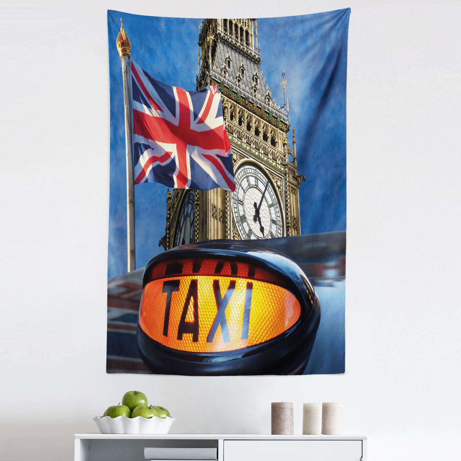 Ambesonne Union Jack Tapestry - British Flag Design with Big Ben & Taxi - 30x45 Inch Multicolor Fabric Wall Hanging for Bedroom, Living Room, Dorm Decor | Perfect for UK Theme Parties & British Pub Style Home Decoration