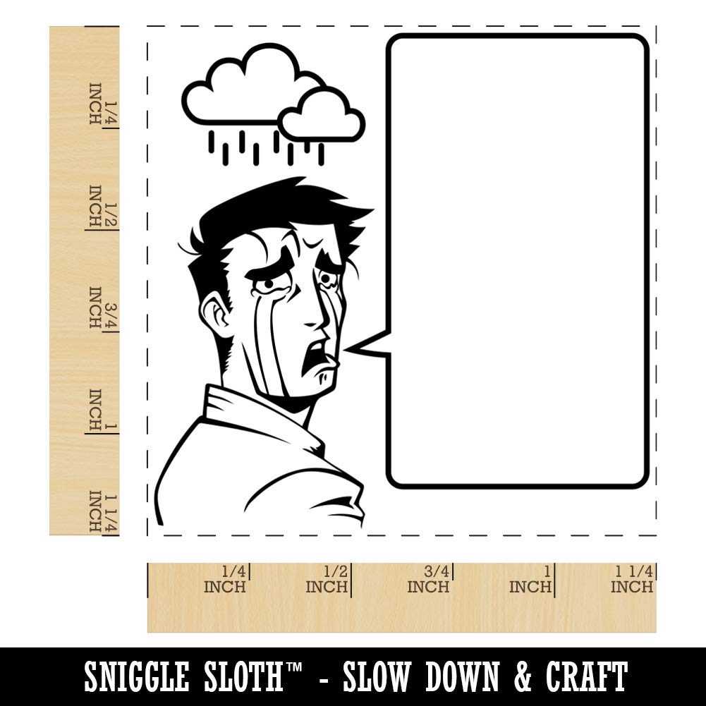 Sad Crying Anime Man with Empty Speech Bubble - 1.25 Inch Square Rubber Stamp for DIY Scrapbooking, Card Making & Journaling - Japanese Manga Style Craft Stamp for Planners and Art Projects