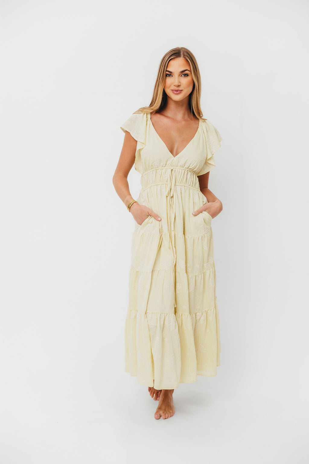 Yellow Destiny Embroidered Ruffle Sleeve Tiered Midi Dress for Women | Floral Summer Party & Wedding Guest Outfit