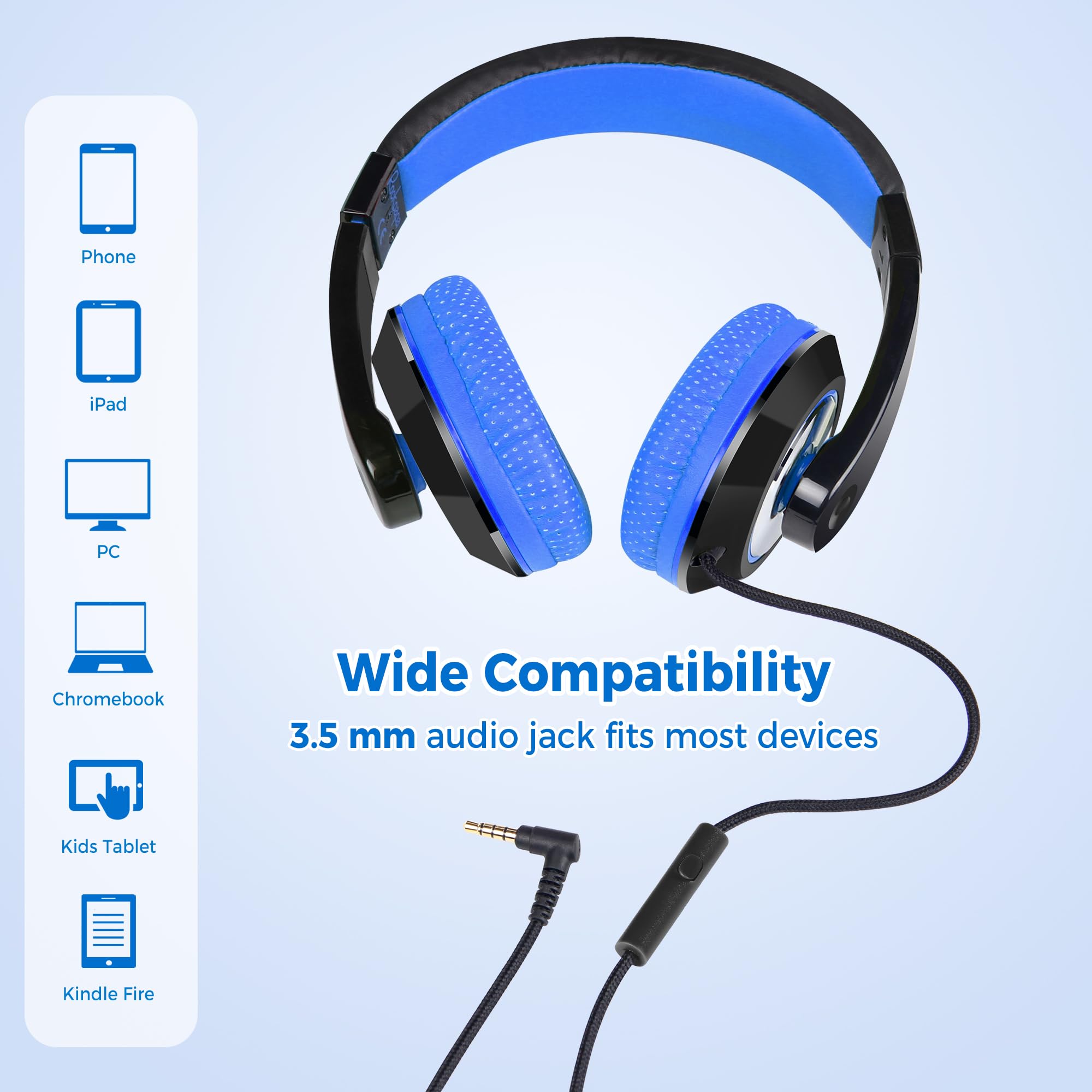 Rockpapa Comfort+ Kids Headphones with Microphone - Over-Ear Wired Headphones for Boys & Girls, Students - Compatible with School, Classroom, Laptop, PC, Computer & Tablet (Black/Blue) - Perfect for Online Learning, Homeschooling & Remote Classes