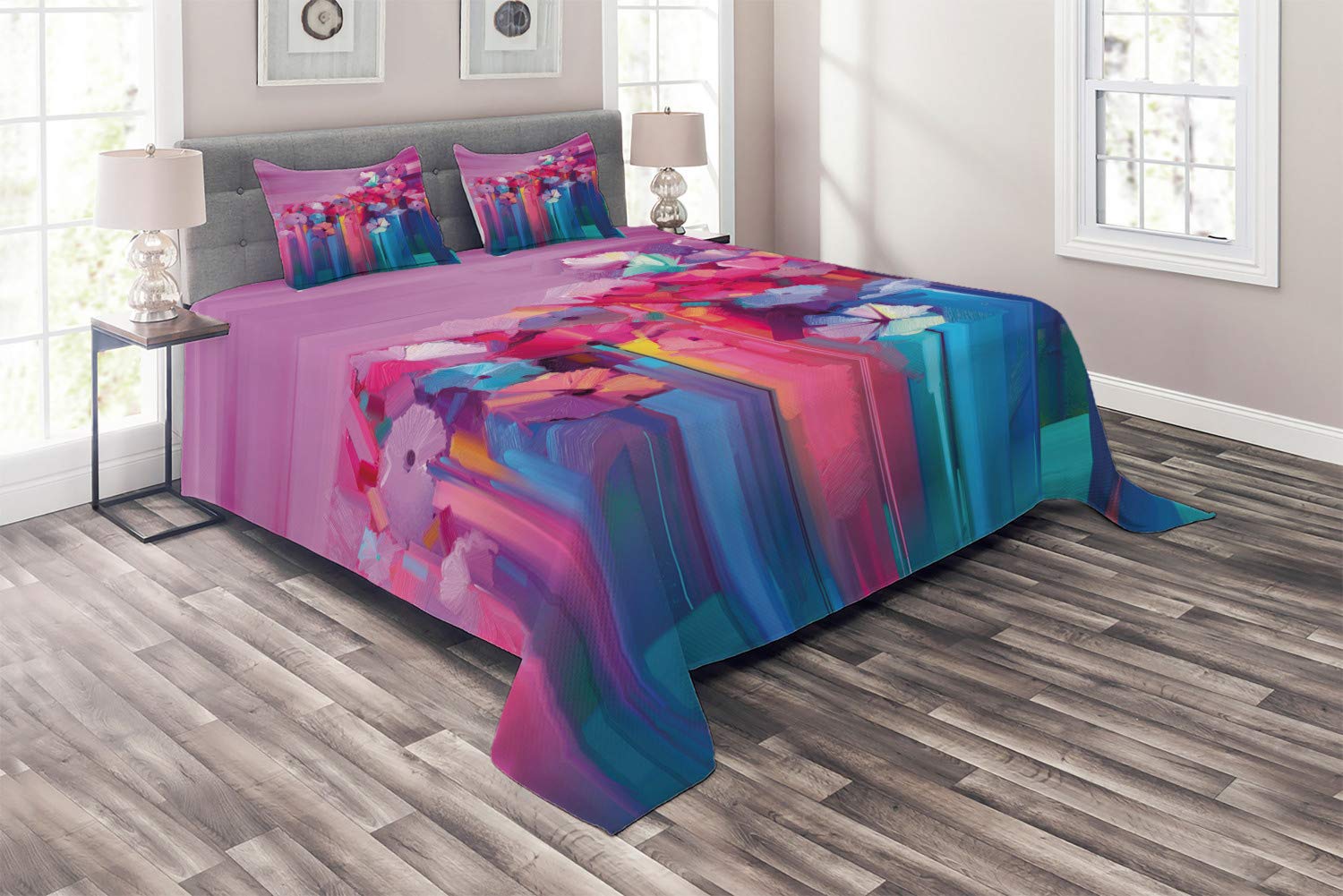 Ambesonne Gerbera Duvet Cover Set - Oil Painting Floral Print, Abstract Classic Flower Petals, Farmhouse Style 3-Piece Bedding with 2 Pillow Shams, King Size Fuchsia Multicolor - Perfect for Master Bedroom, Guest Room & Bohemian Home Decor