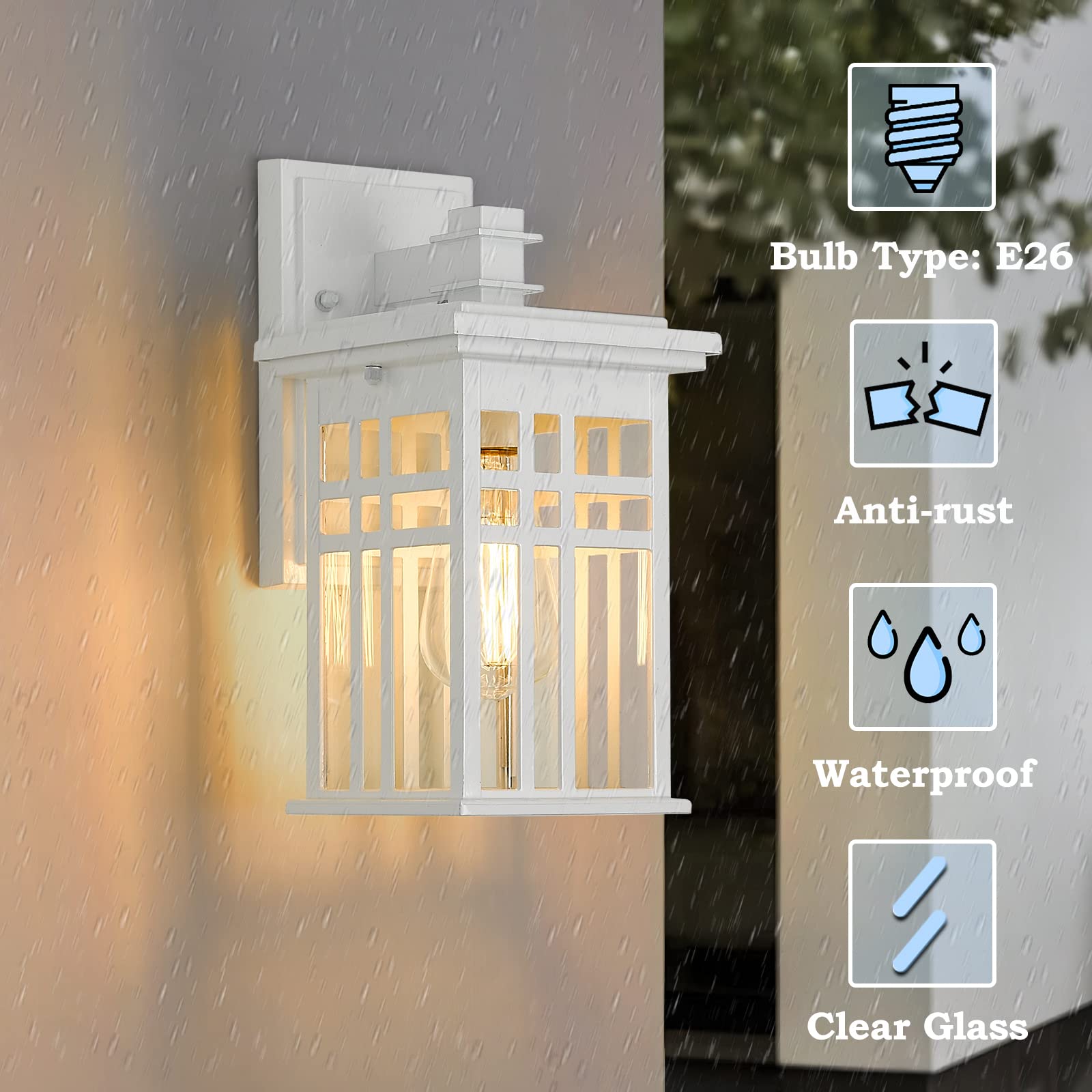 2 Pack Modern Outdoor Porch Lights - Die-Cast Aluminum Wall Mount Exterior Lights with Clear Glass Shade, White Finish (20068B1-2PK WH) - Perfect for House Entryway, Garden, Patio and Deck Lighting