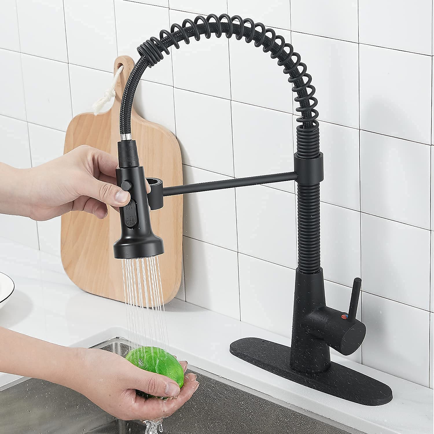 Matte Black Single Handle Pull Down Sprayer Kitchen Faucet - Commercial Grade Spring Sink Faucet with Cover Plate | Perfect for Restaurant & Home Kitchen Renovation