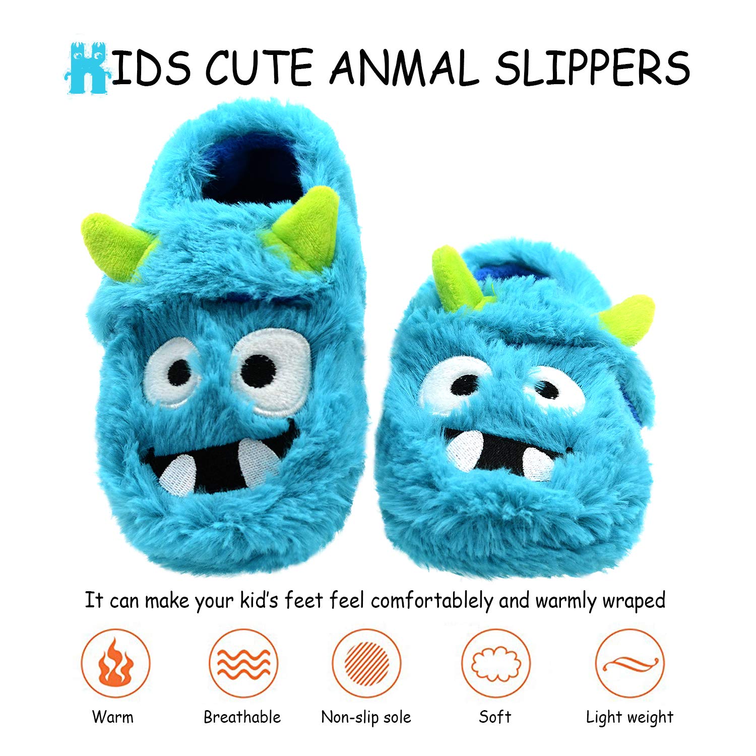 LA PLAGE Boys Monster Slippers for Kids & Toddlers - Soft Indoor House Shoes, Non-Slip Bedroom Slippers for Playtime & Cozy Home Wear