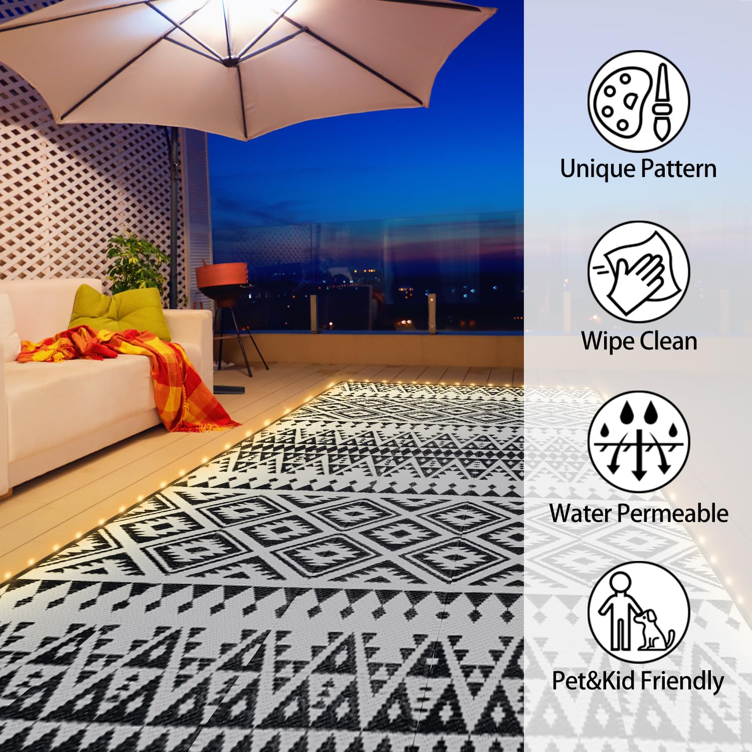**8x10ft Waterproof Reversible Outdoor Rug with LED Strip Lights – Plastic Straw Mat for Patio, Deck, RV, Camping, Porch, Backyard & Balcony – Black & White Design – Perfect for Nighttime Gatherings & Outdoor Decor**