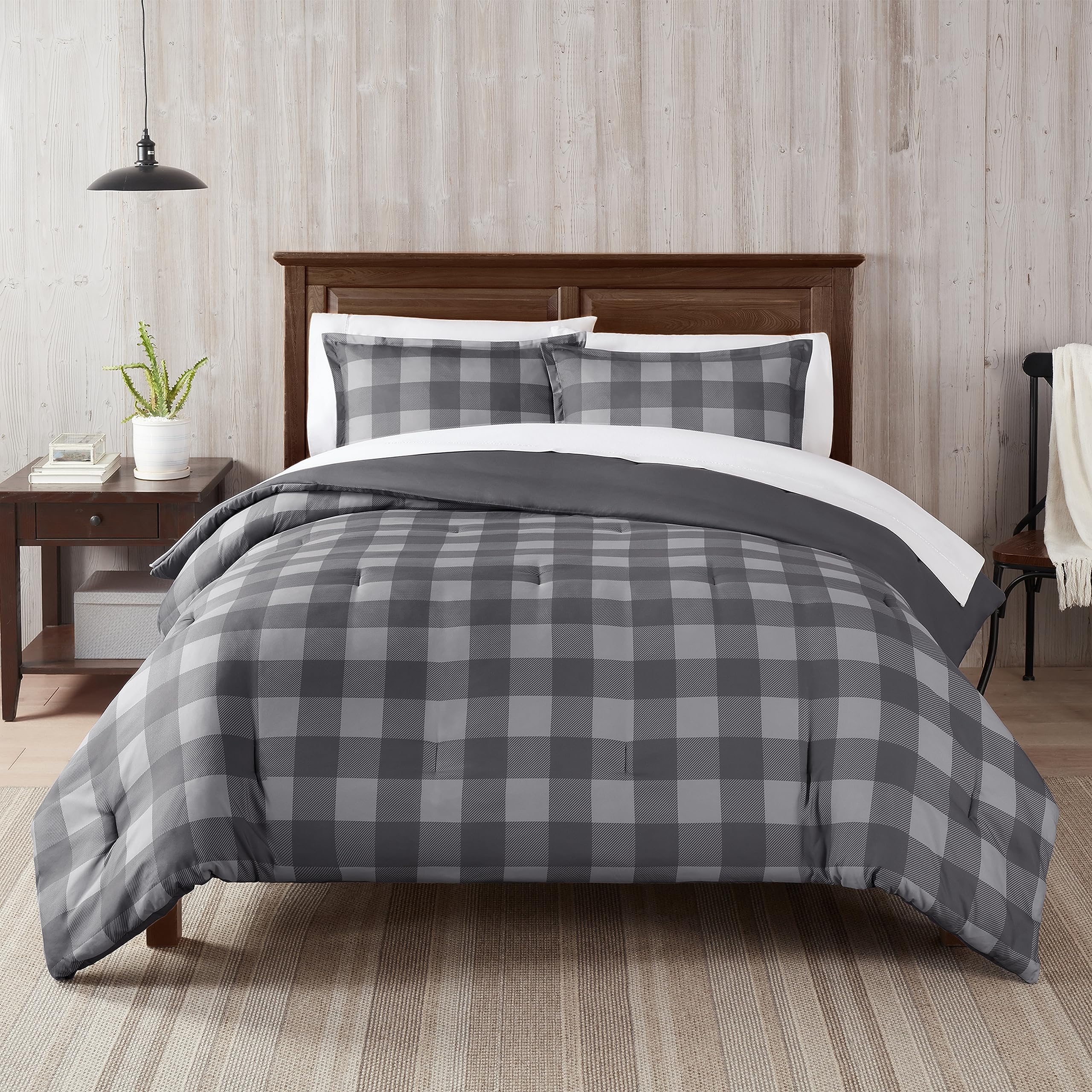 Serta Simply Clean Alex Soft 7-Piece Buffalo Check Plaid Bed in a Bag Complete Bedding Set - Queen Size Comforter with Sheets & Pillowcases for All Seasons, Charcoal Grey - Perfect for Cozy Bedrooms, Guest Rooms & Dorm Decor