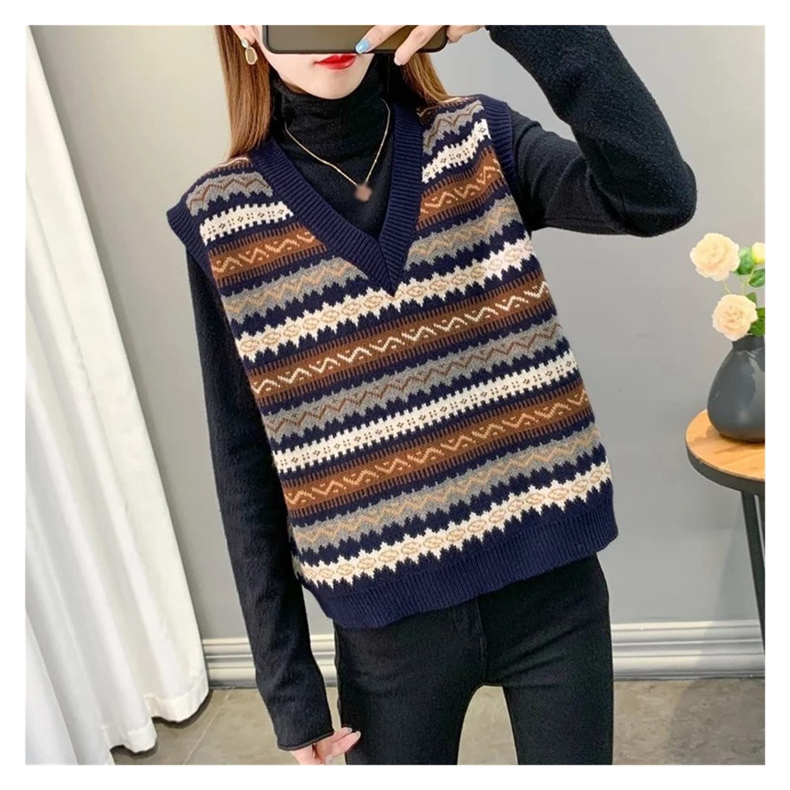 Women's V-Neck Jacquard Knit Sweater Tank Top - Sleeveless Winter Pullover for Layering & Casual Wear (One Size, Color A) | Perfect for Office, Date Night & Fall Outfits