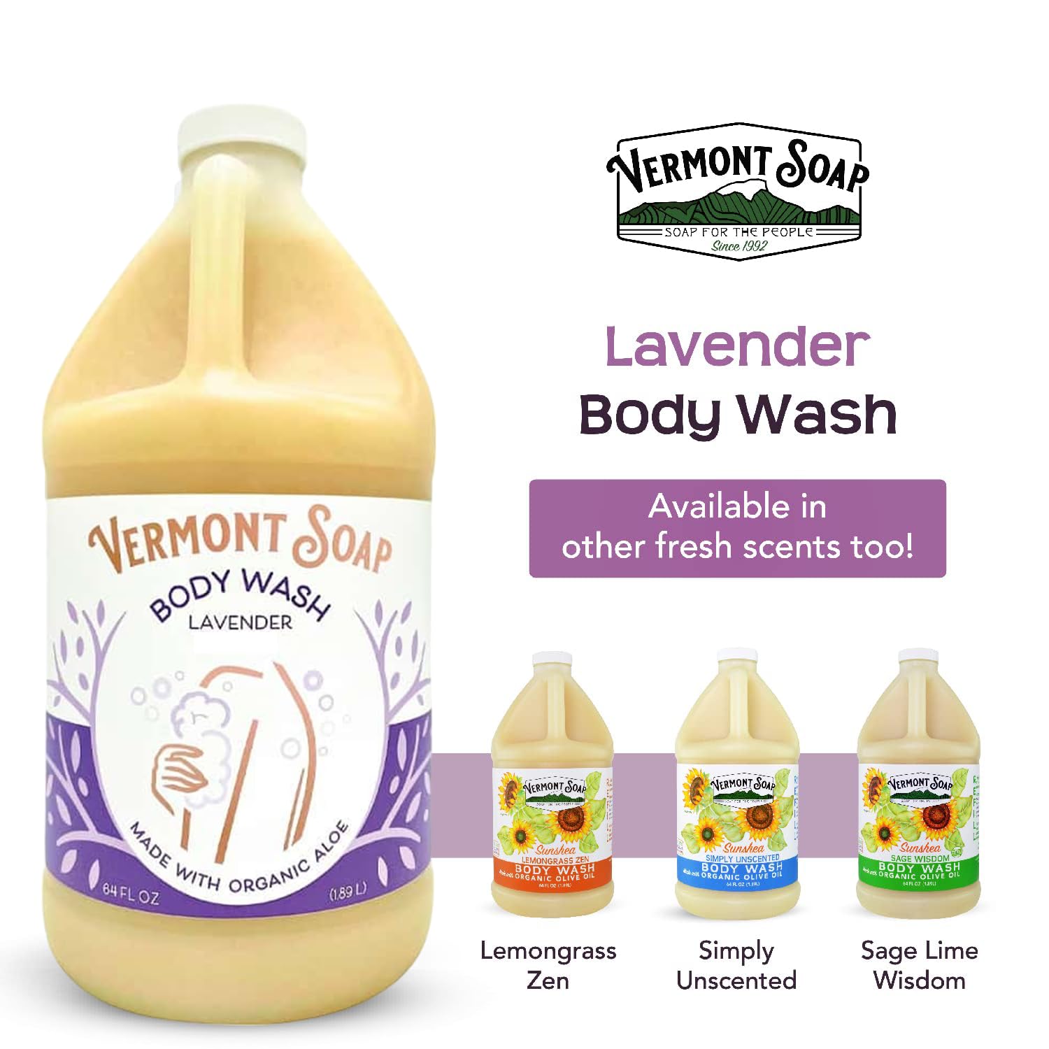 VERMONT SOAP Natural Body Wash with Shea Butter - Fragrance Free Moisturizing Body Wash for Women & Men - Lavender Scented 64oz - Gentle Skin Cleanser for Dry & Sensitive Skin | Perfect for Daily Shower, Spa Day & Relaxation