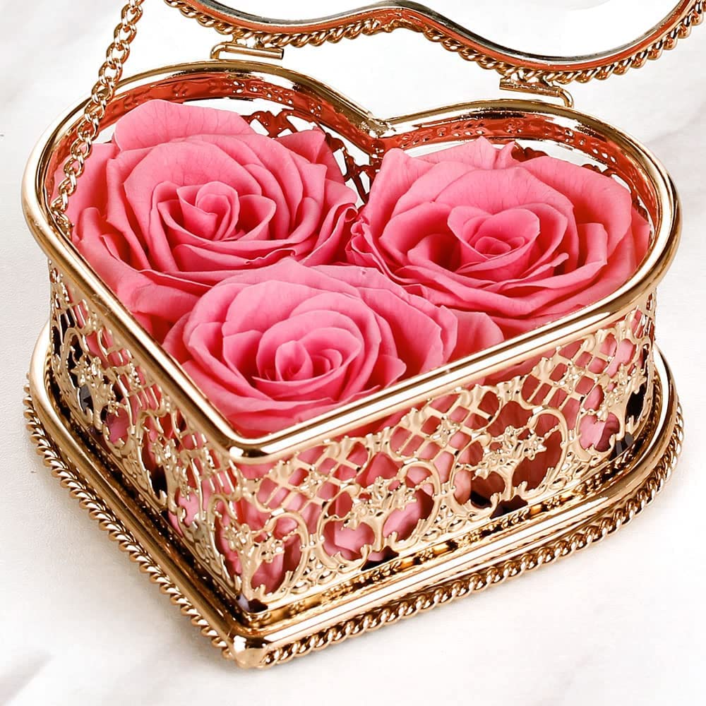 Enchanted Real Preserved Roses in Heart Shaped Box - Long Lasting Eternal Flowers for Valentine's Day & Mother's Day Gifts - Luxury Elegant Metal & Glass Display Case - Perfect for Romantic Surprises, Anniversary Presents & Home Decor