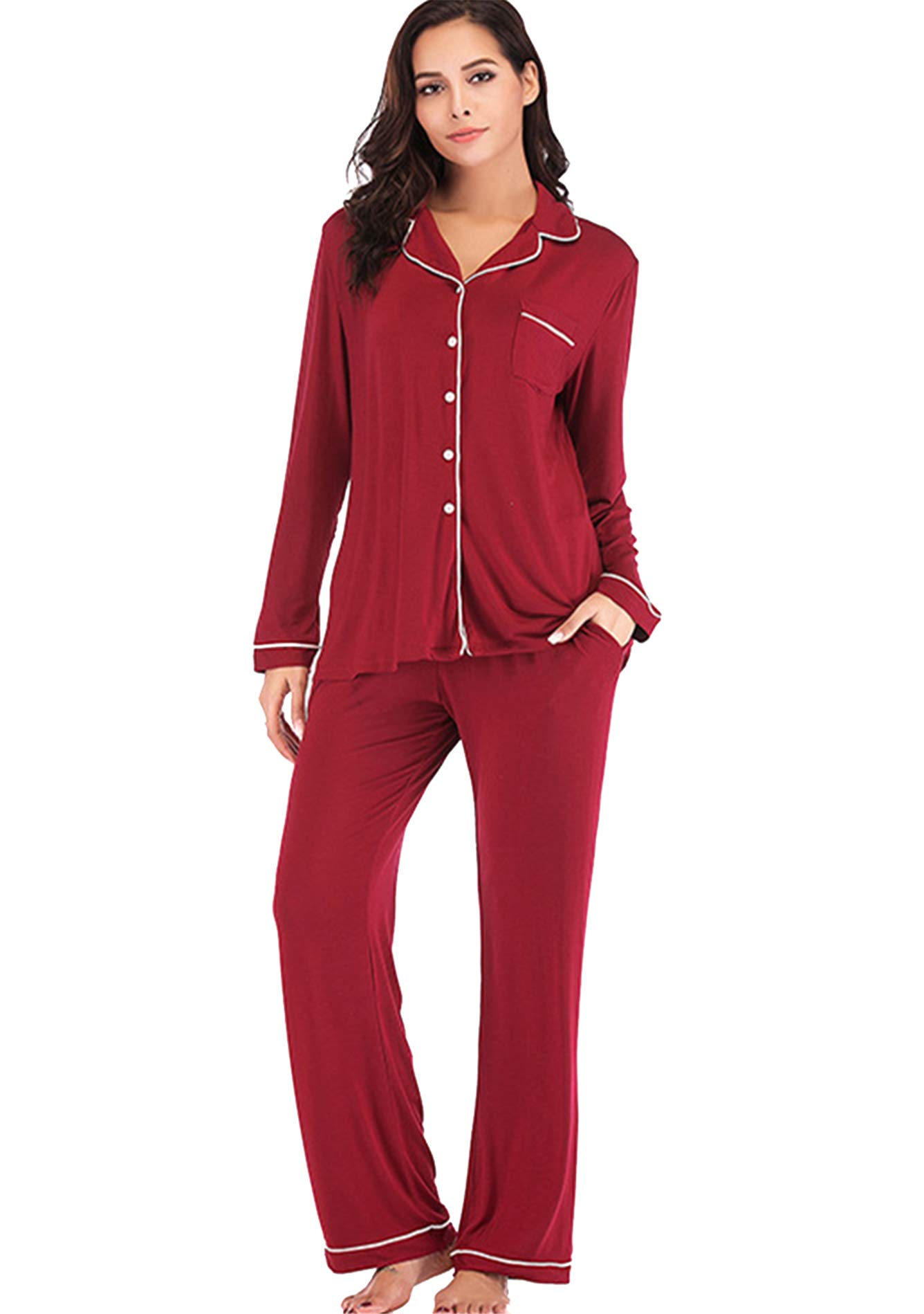 FLITAY Women's Soft Long Sleeve Pajama Set - Button Down Sleepwear & Lounge Pjs for Nighttime Comfort - Perfect for Relaxing at Home, Sleepovers and Cozy Evenings