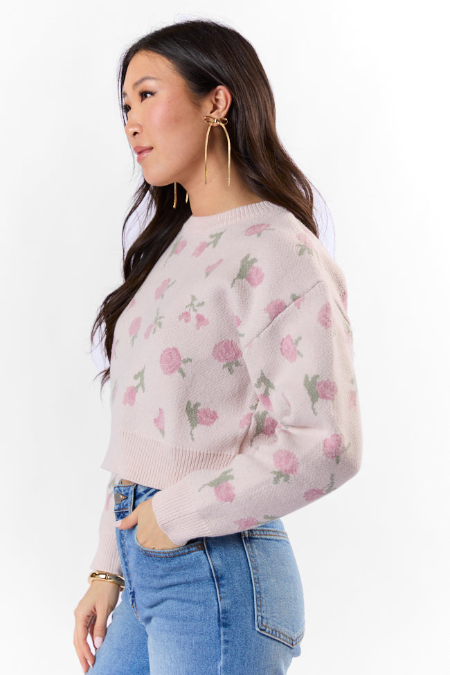 Grand Measures Light Pink Floral Knit Sweater for Women - Soft & Cozy Pullover - Perfect for Fall & Winter Outfits, Date Nights, and Casual Wear