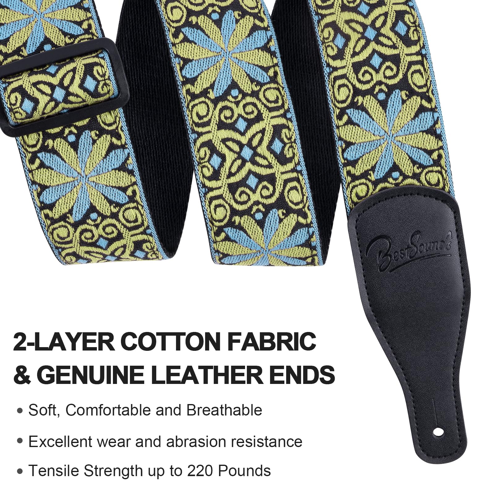 Premium Jacquard Embroidered Cotton Guitar Strap with Genuine Leather Ends - Adjustable Shoulder Strap for Bass, Acoustic & Electric Guitars - Perfect for Live Performances, Studio Sessions & Music Practice