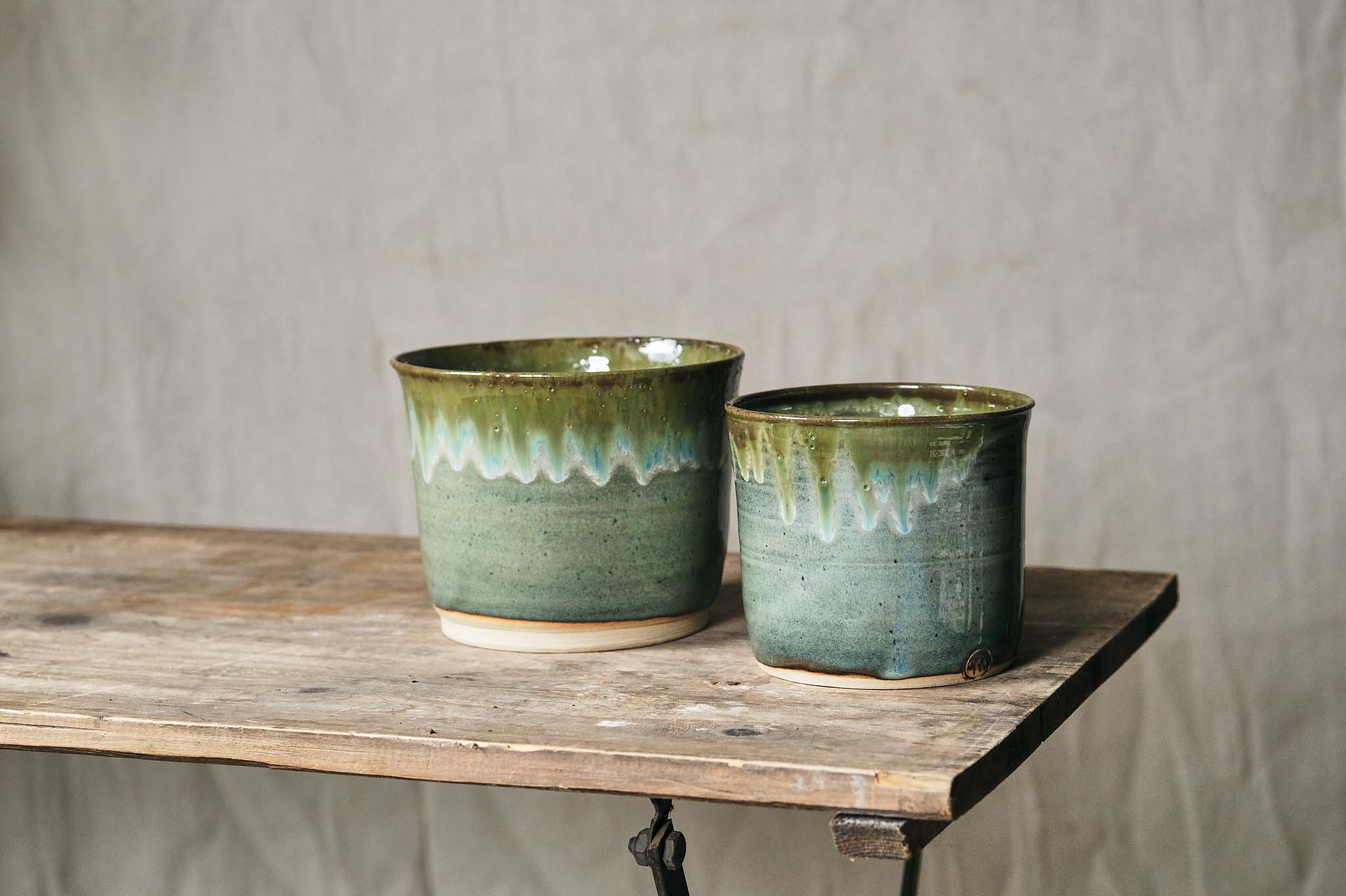 Handmade Ceramic Pot with Green Drip Glaze - 14cm & 17cm Diameter - Perfect for Home Decor, Planters, or Unique Gift Ideas