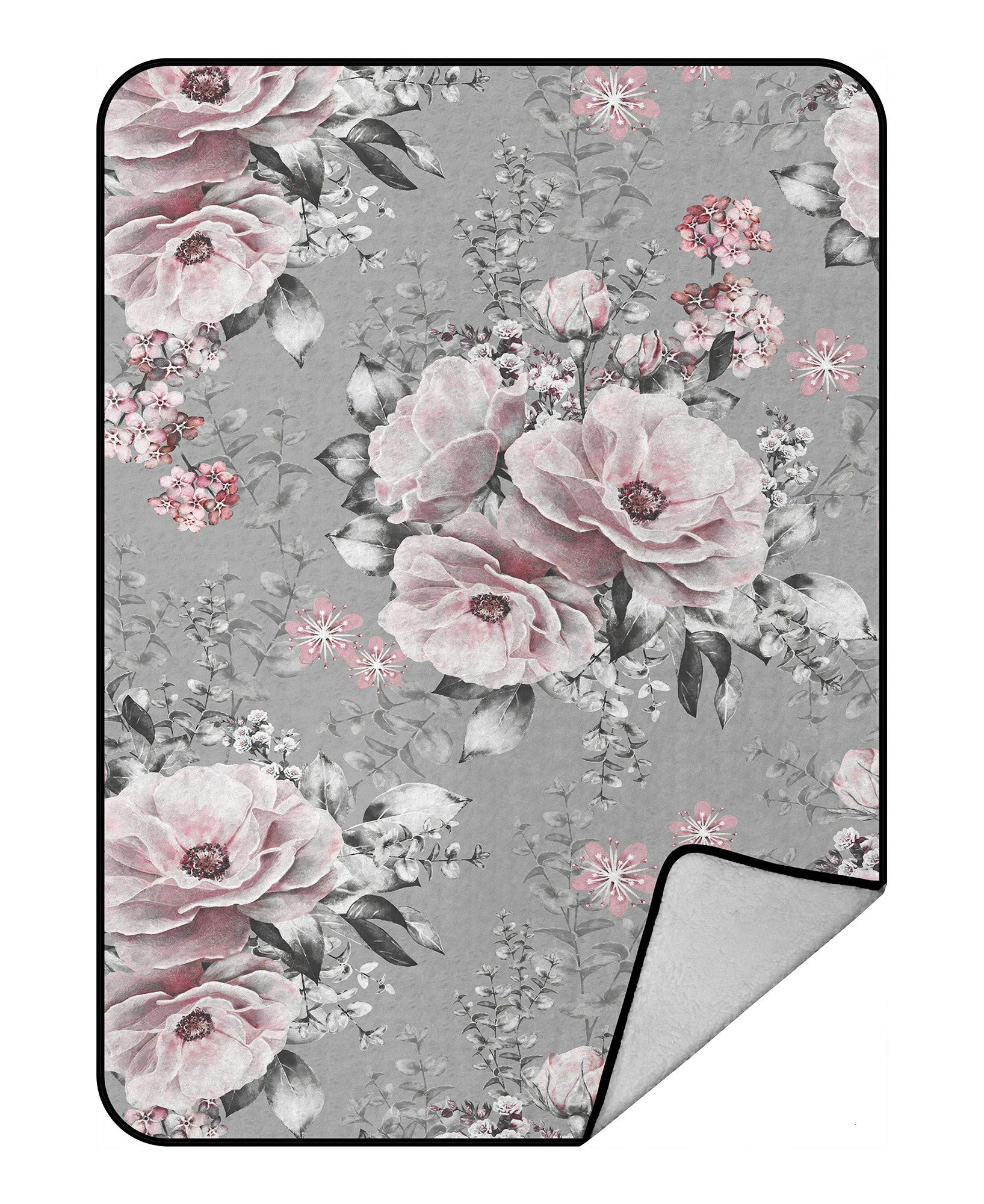 Soft Pink Floral Fleece Blanket - Gray Plush Throw Blanket 58x80 Inch - Cozy Bedding for Couch, Sofa & Winter Nights