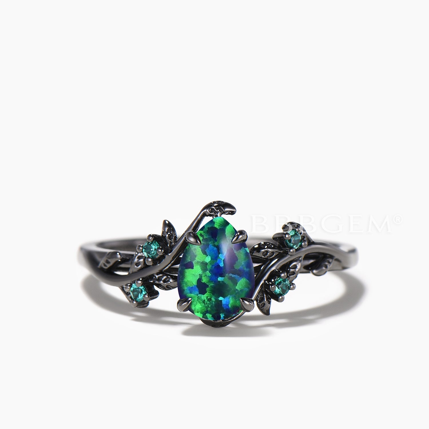 Natural Black Opal Engagement Ring with Emerald Accents - 14K Black Gold Bridal Set for Women, Perfect for Weddings, Anniversaries & Special Occasions