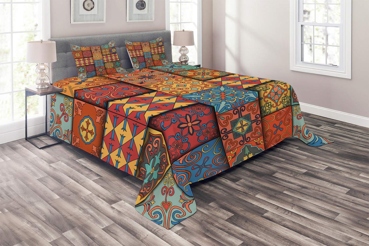 Ambesonne Talavera King Size 3-Piece Quilted Bedspread Set with 2 Pillow Shams | Colorful Azulejo Style Tile Pattern | Decorative Bed Cover for Master Bedroom, Guest Room & Home Decor