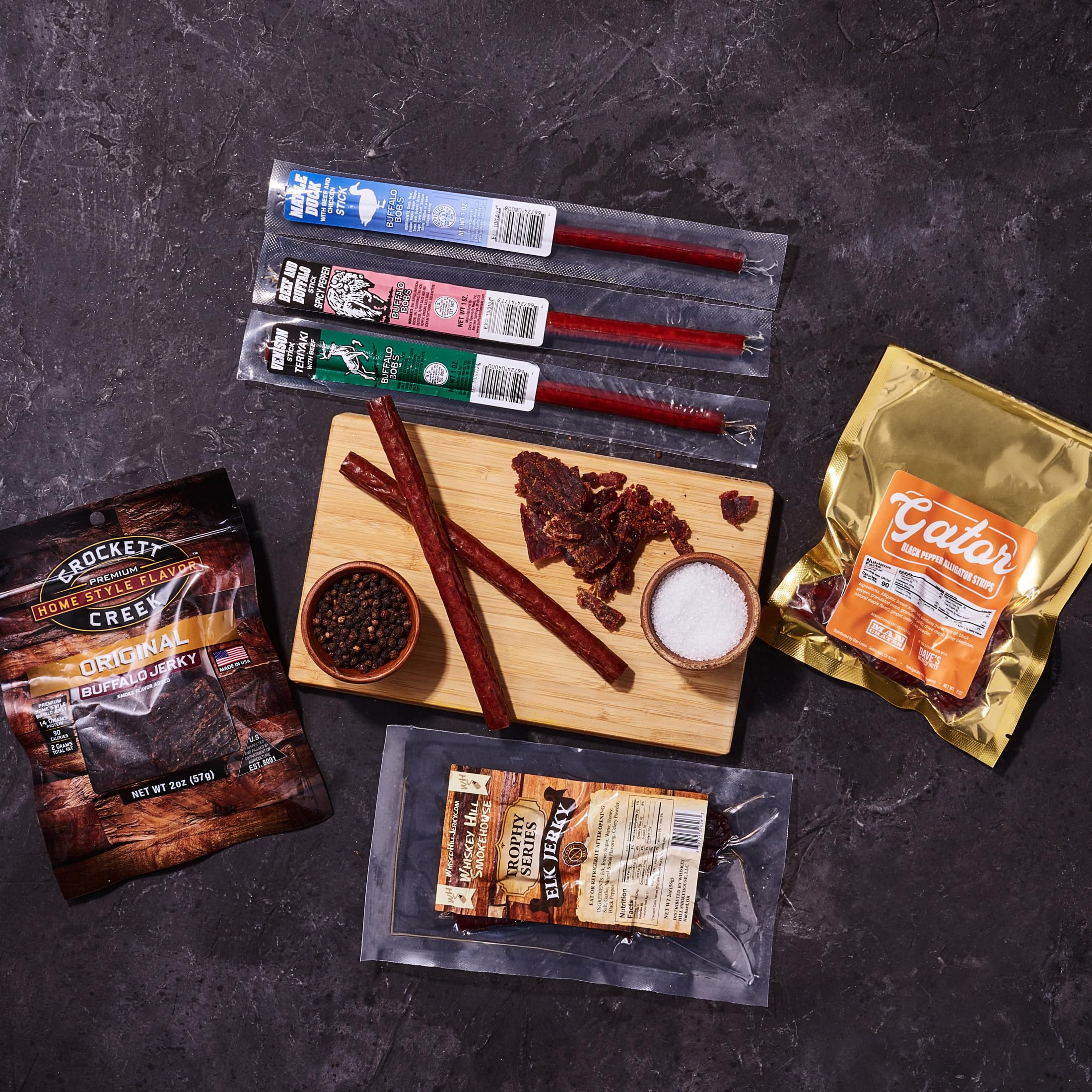 Exotic Meats Gift Crate – 6 Premium Jerky Flavors (Venison, Alligator, Elk) & Nut Snacks – Handcrafted Wooden Box with Laser-Etched Crowbar – Perfect for Adventurous Foodies, Unique Gifts & Outdoor Enthusiasts