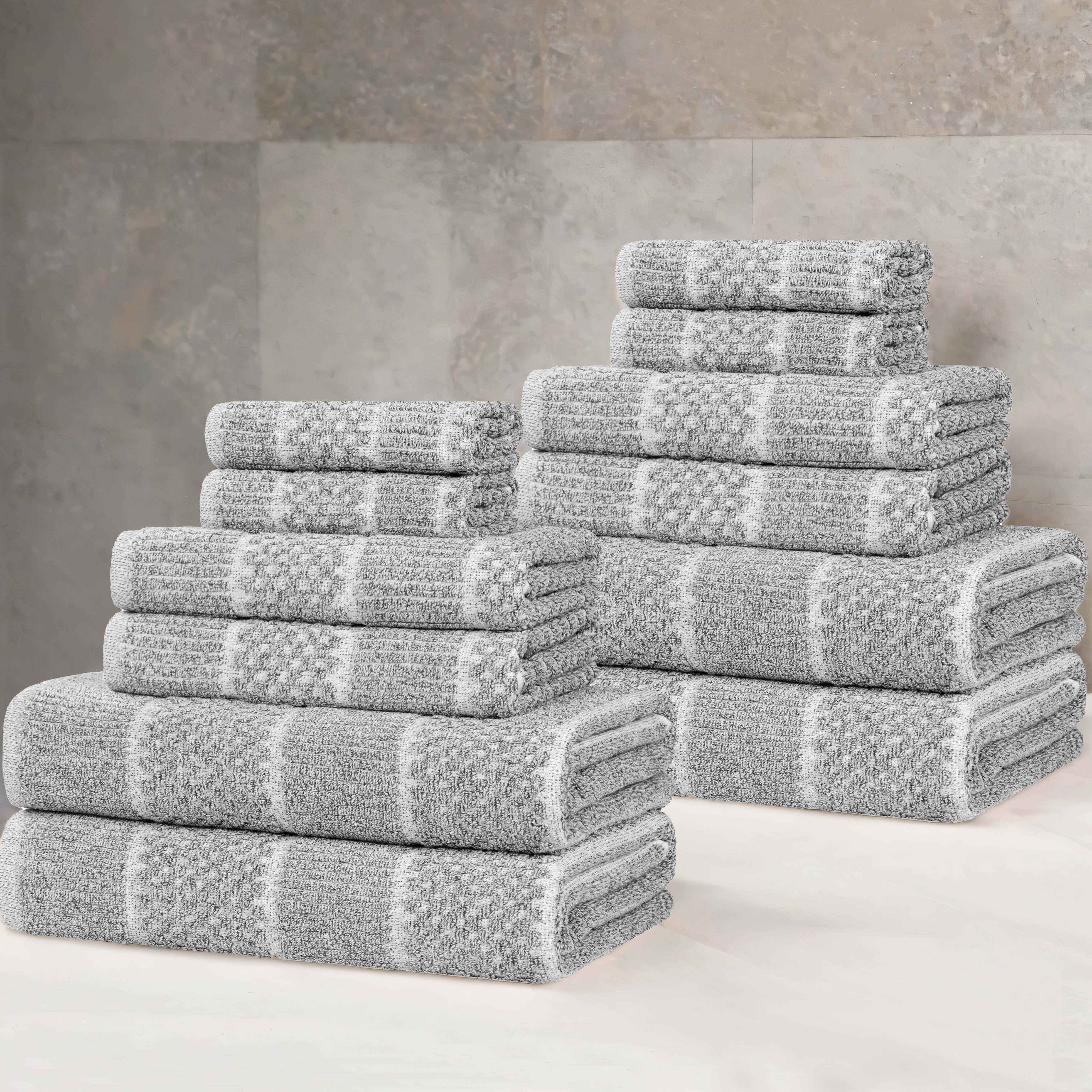 Premium 12-Piece Cotton Blend Checkered Ribbed Towel Set - Soft & Absorbent Bath & Beach Towels for Home, Spa, and Pool Use