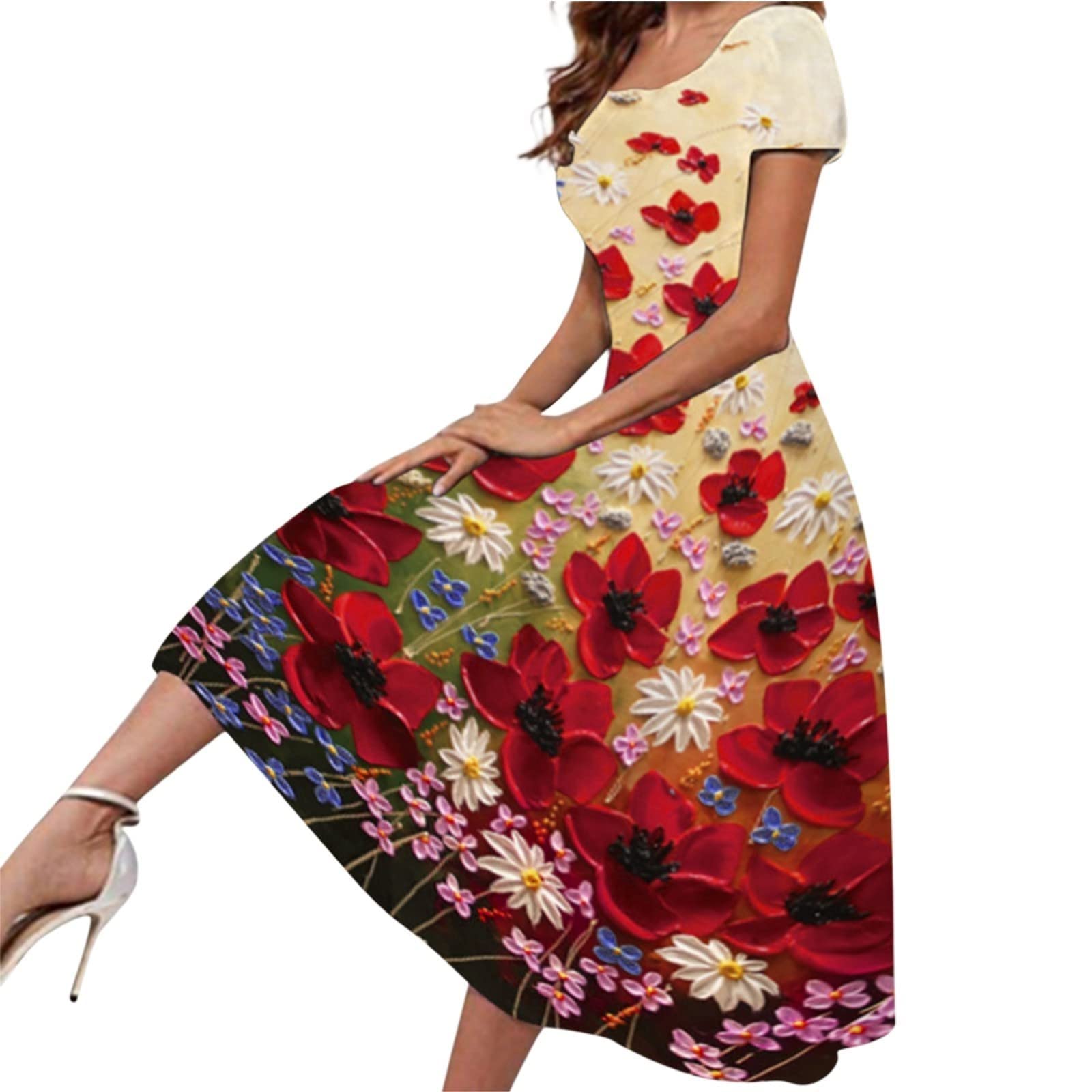 FAVIPT Women's Floral Print Short Sleeve Maxi Dress - Bohemian Summer & Spring Casual Dress with Round Neck | Perfect for Beach Vacations, Music Festivals, and Boho-Chic Outfits