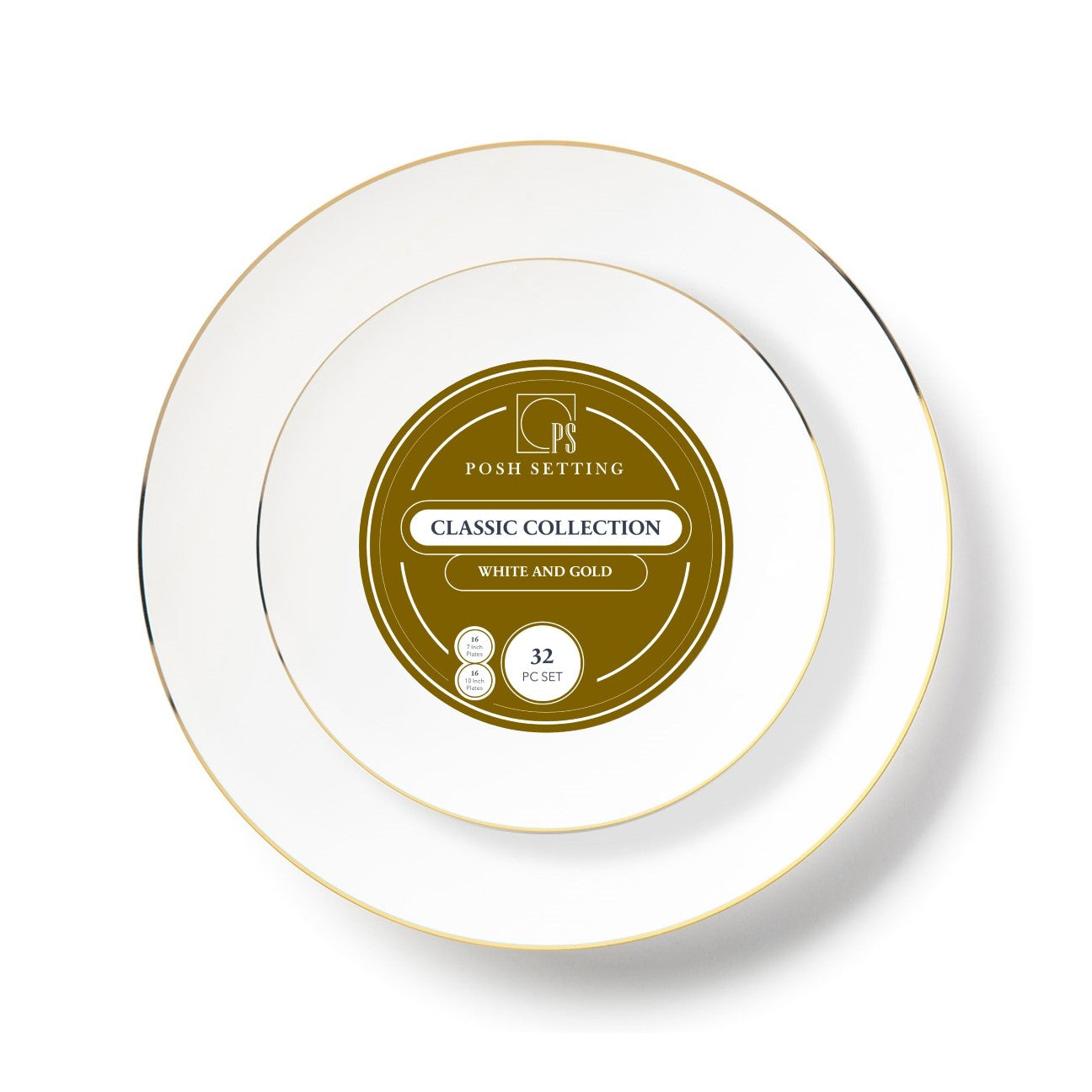 32-Pack White & Gold Round Plastic Dinnerware Set for 16 Guests - Elegant Disposable Plates, Cups, Forks, Knives & Spoons - Perfect for Weddings, Parties, BBQs & Outdoor Events - Eco-Friendly & BPA-Free