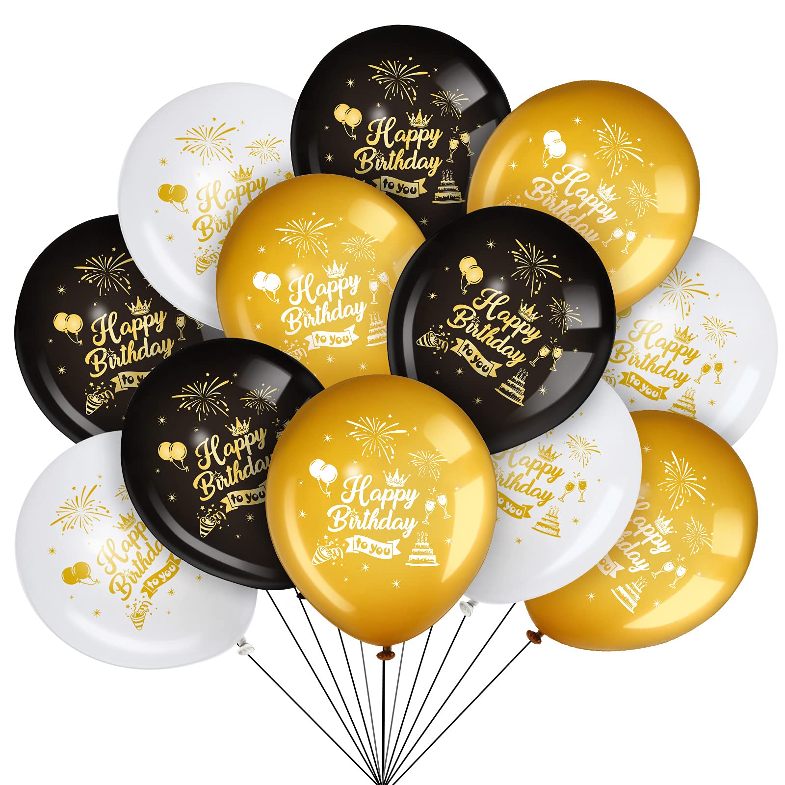45-Piece 12-Inch Happy Birthday Balloons Set - Black, Gold & White Latex Balloons for Birthday, Anniversary Parties - Indoor/Outdoor Decorations for Girls, Boys, Women & Men - Perfect for Home, Office & Event Celebrations
