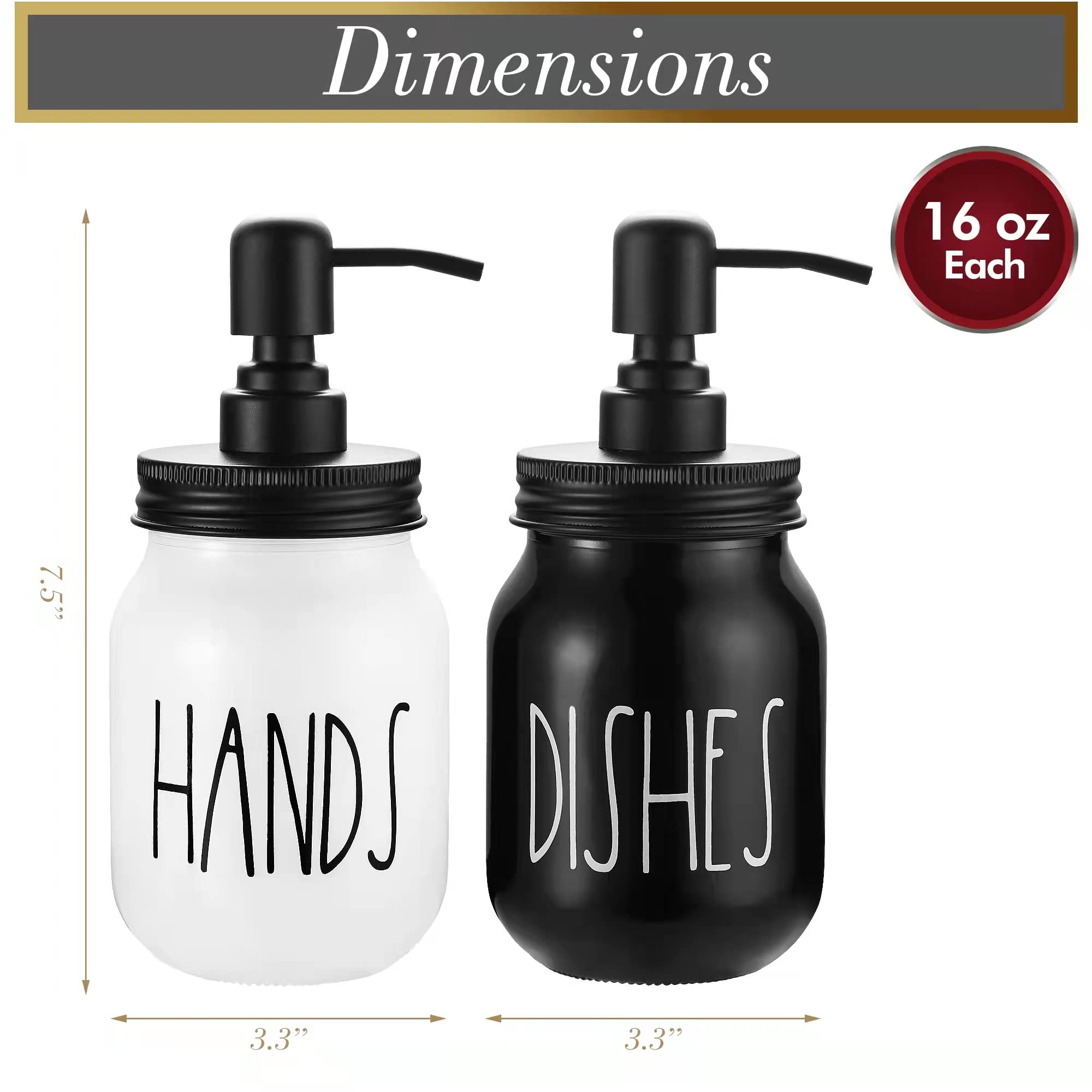 Brighter Barns Mason Jar Soap Dispenser Set - Farmhouse Kitchen Decor in Black/White - Glass Hand & Dish Soap Dispenser for Kitchen Sink - Perfect for Rustic and Modern Home Kitchens
