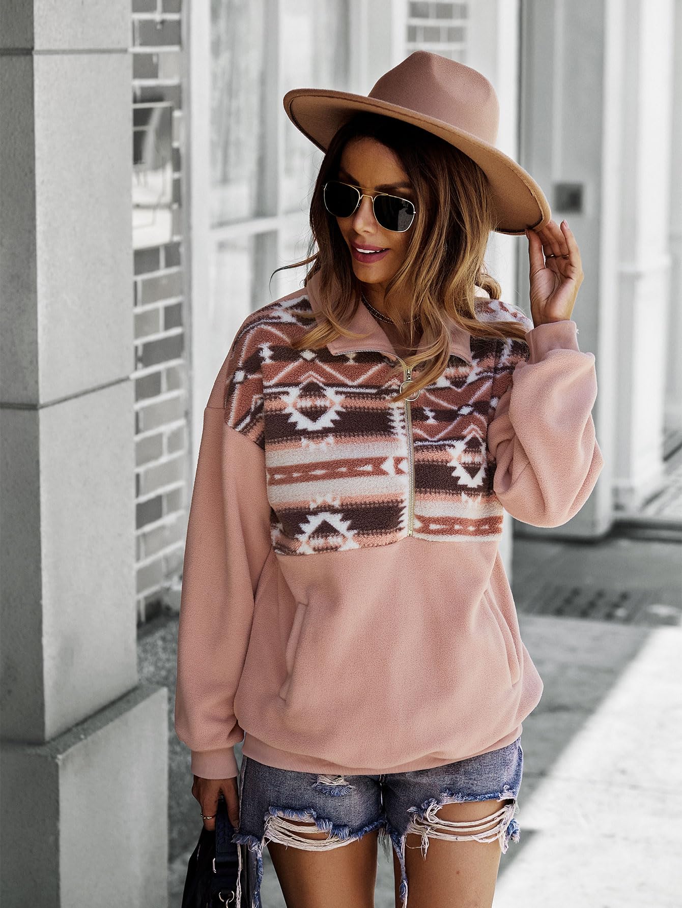 LEMAFER Women's Western Aztec Print Half Zip Fleece Hoodie - Warm Pullover Sweatshirt with Collar, Long Sleeve Fall Winter Outfit (Pink, 2023) | Perfect for Casual Wear, Outdoor Activities & Cold Weather Fashion