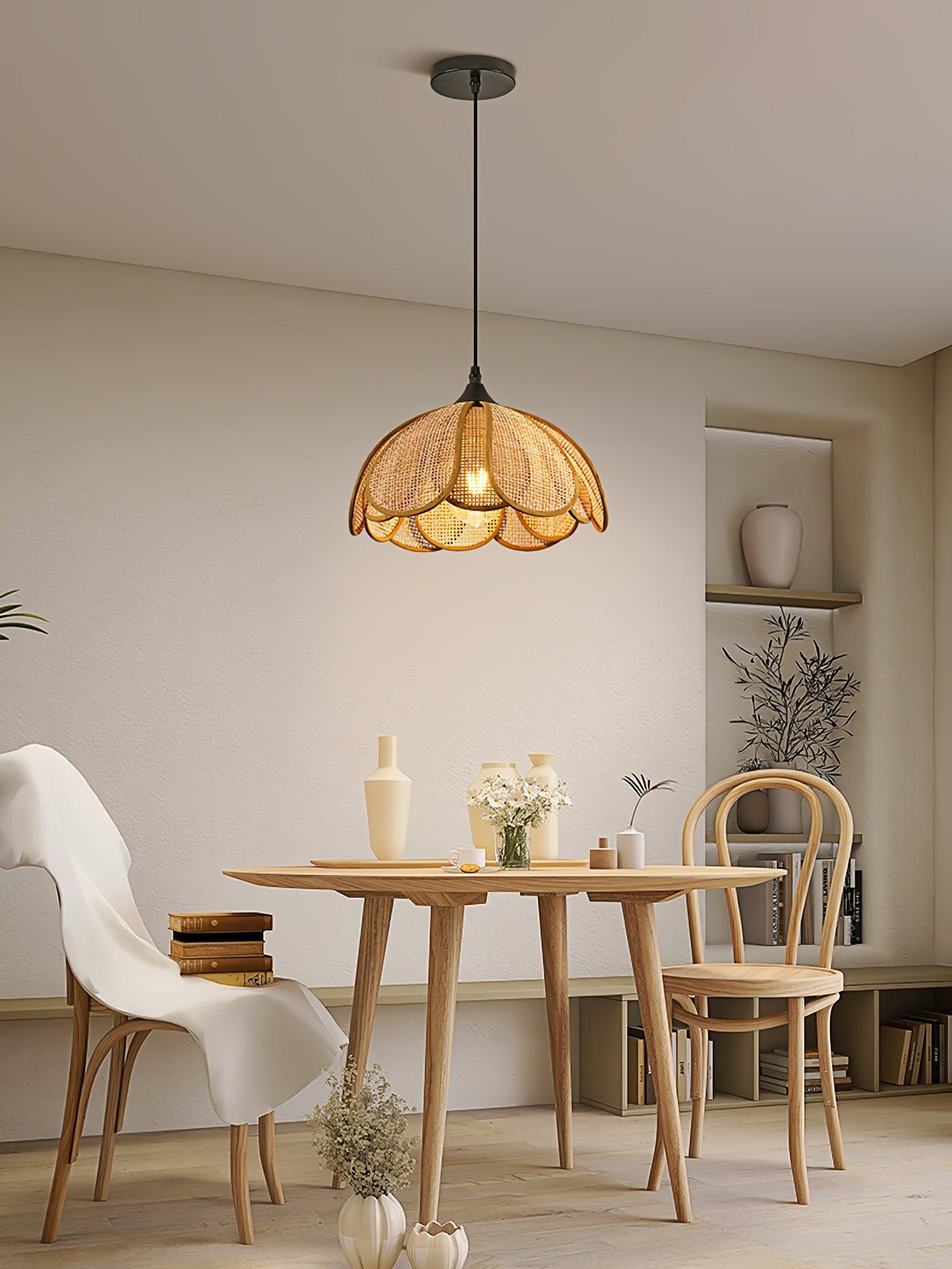 Handwoven Bloom Rattan Pendant Light - Natural Boho Ceiling Lamp for Living Room, Bedroom & Dining Room - Eco-Friendly Wicker Hanging Light Fixture for Indoor Decor