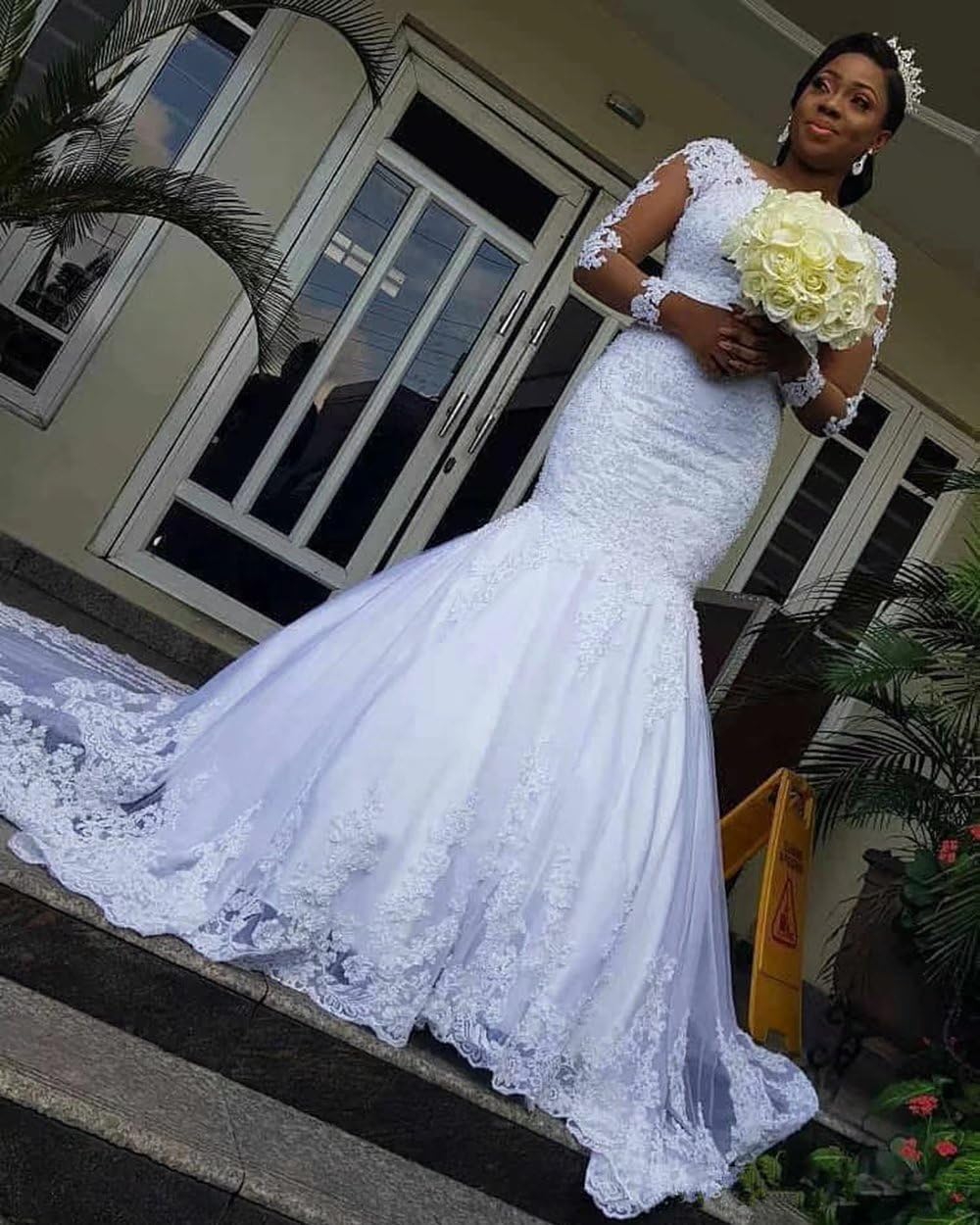 Elegant Mermaid Wedding Dresses for Bride - Long Sleeves Lace Beaded Appliques Bridal Gowns for Women | Perfect for Beach, Church & Formal Weddings