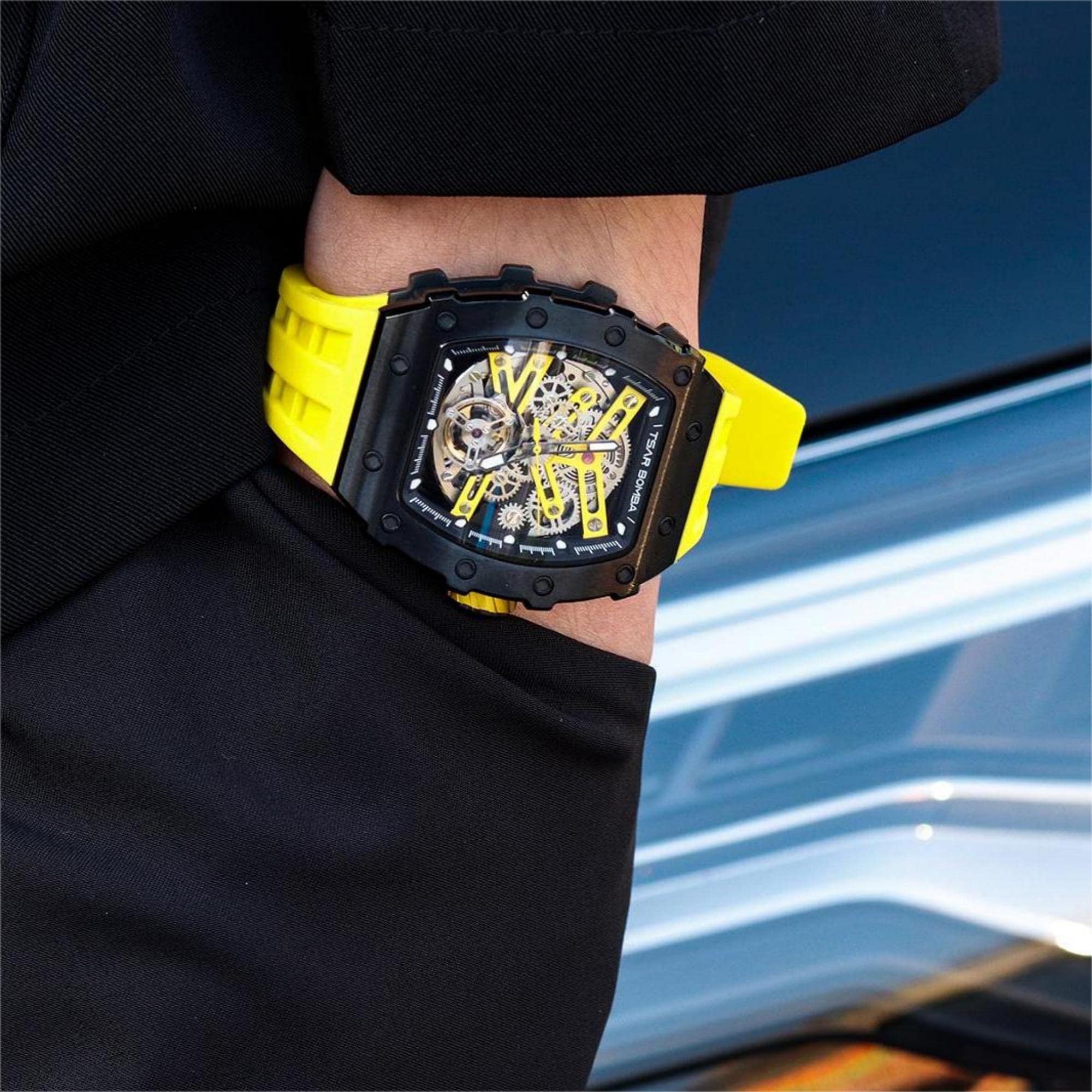 Premium Automatic Skeleton Mechanical Men's Watch - Carbon Fiber Bezel, 50M Waterproof, Silver Luxury Wristwatch with Silicone Strap | Stylish Dress Watch for Business, Formal Events & Everyday Wear