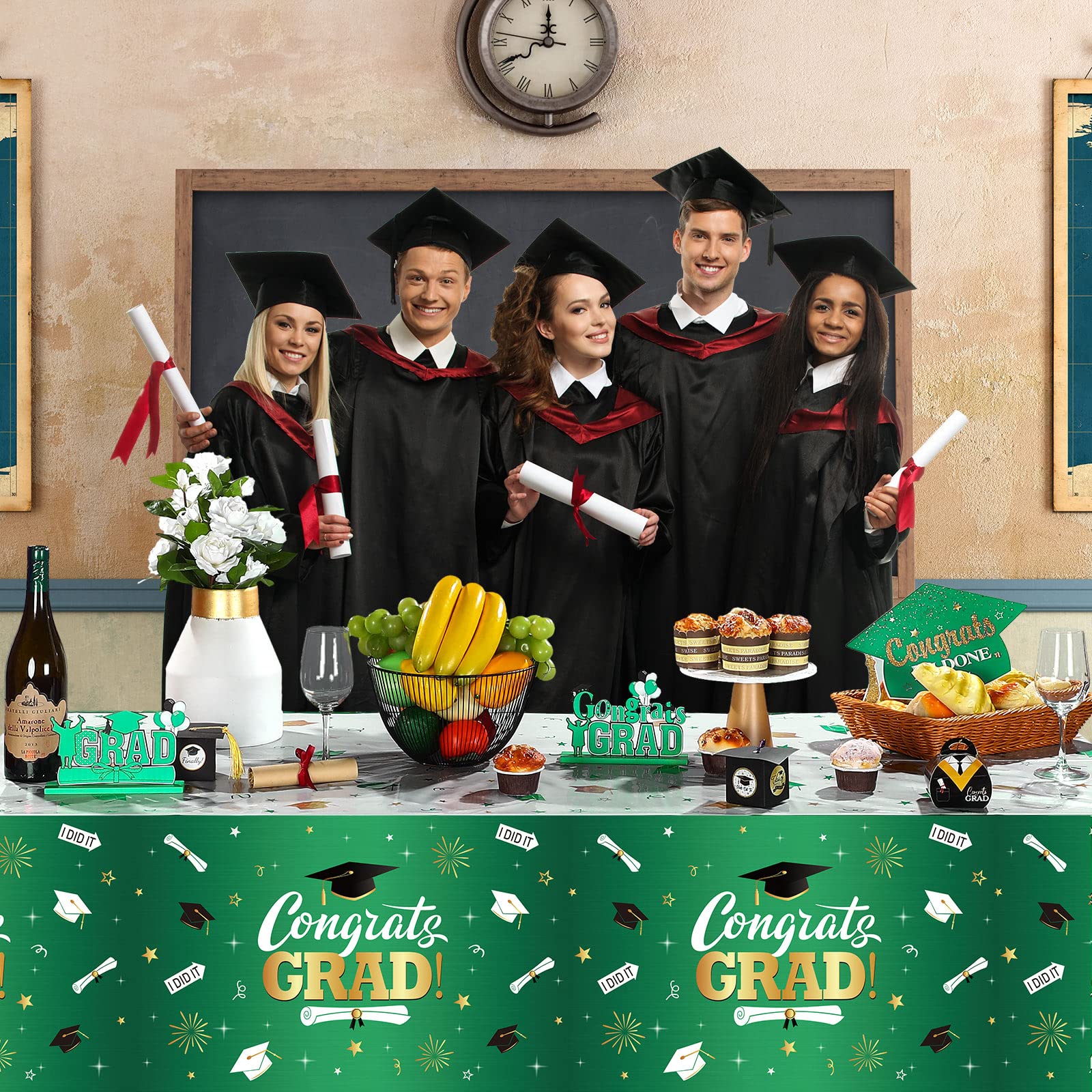 Tudomro 3-Pack Graduation Tablecloths - Class of 2023 Congratulations Grad Decorations for College & High School Prom Parties (Green) - Perfect for Graduation Ceremonies, Banquets & Celebration Decor